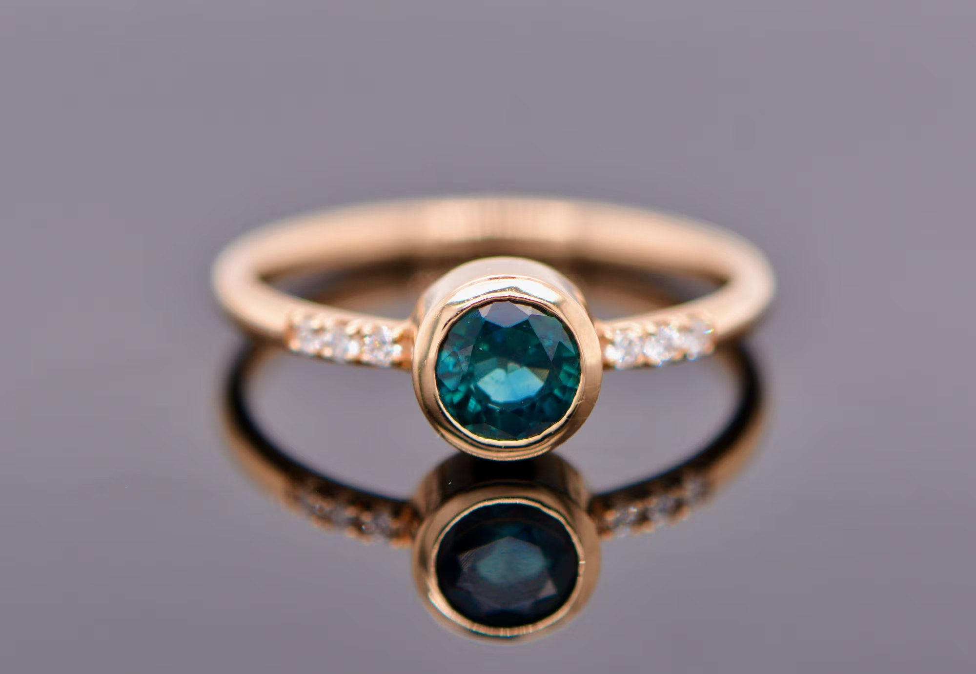 Teal Sapphire & Diamond Bezel Set Ring 14k Gold Size 5: September Birthstone Jewelry