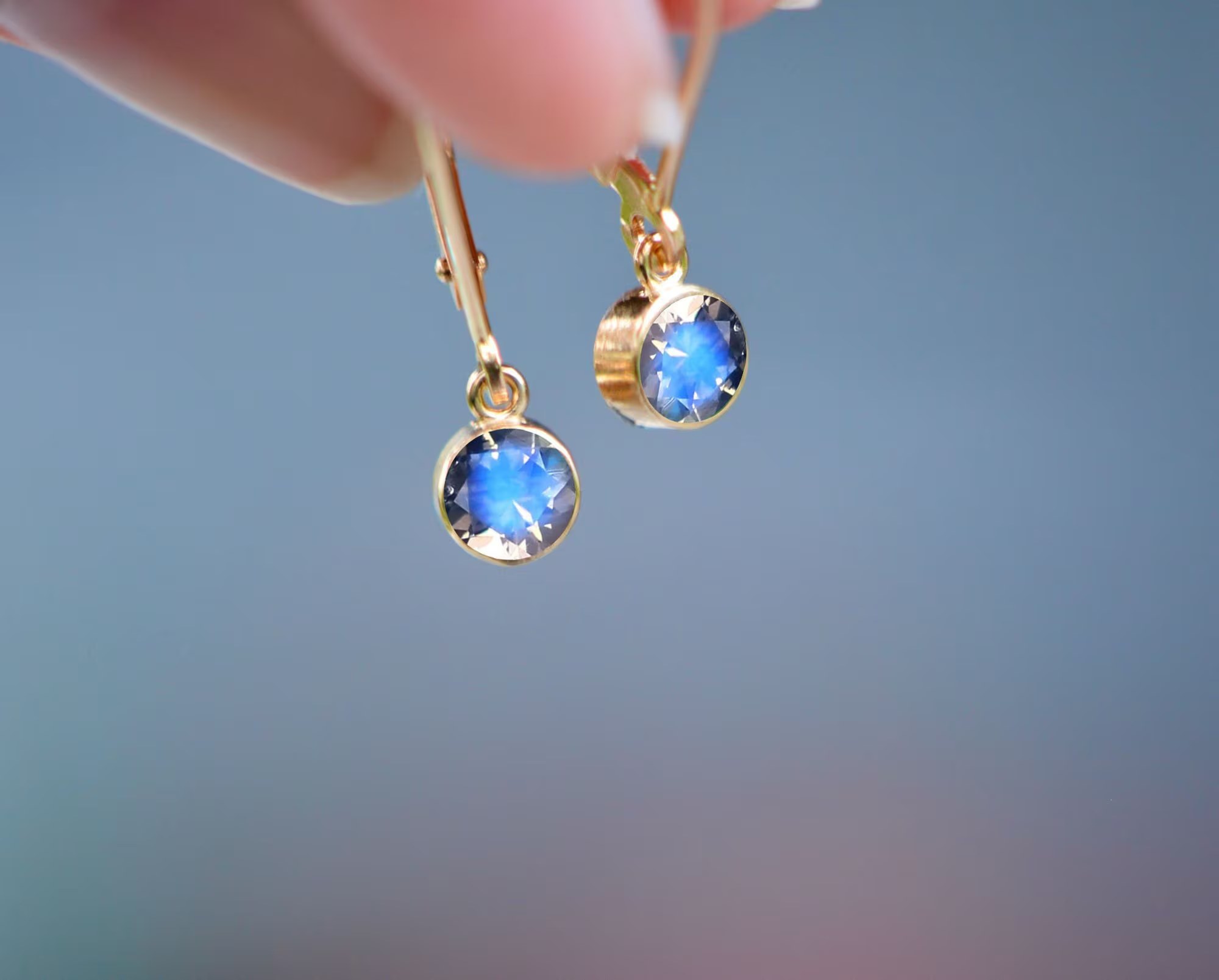 Moonstone Leverback Earrings 14kt Gold, Small Drop Earrings, June Birthstone Earrings, Gift Women, Blue Gemstone Drops, Gift Wife