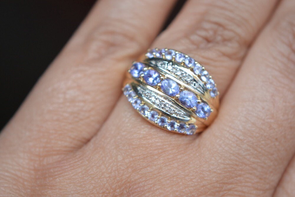 Tanzanite Diamond Vintage Cocktail Ring Solid 10kt Gold Ring : December Birthstone Jewelry, worn view