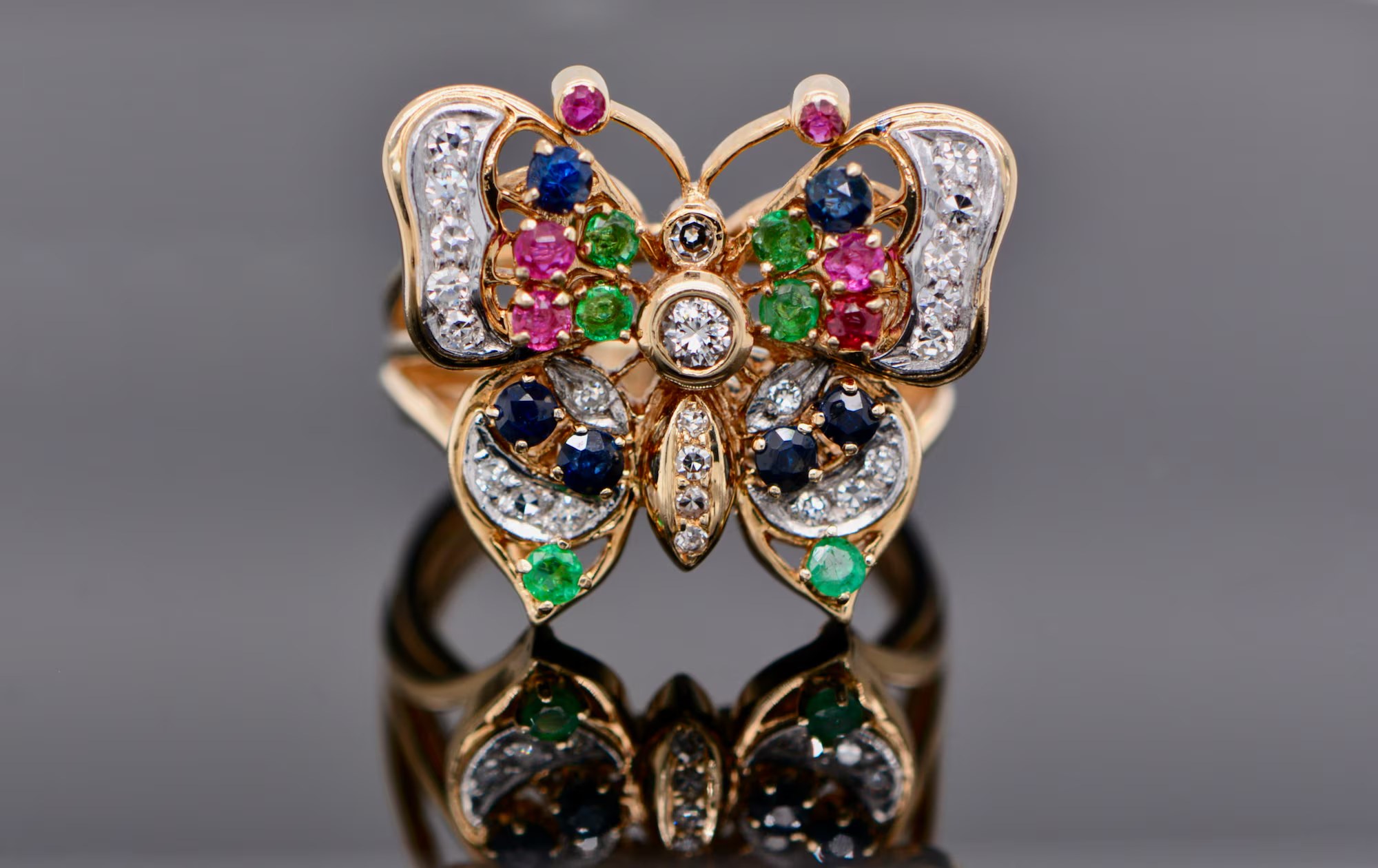 Butterfly Statement Ring Solid 14k Gold : Multigemstone Cocktail Ring