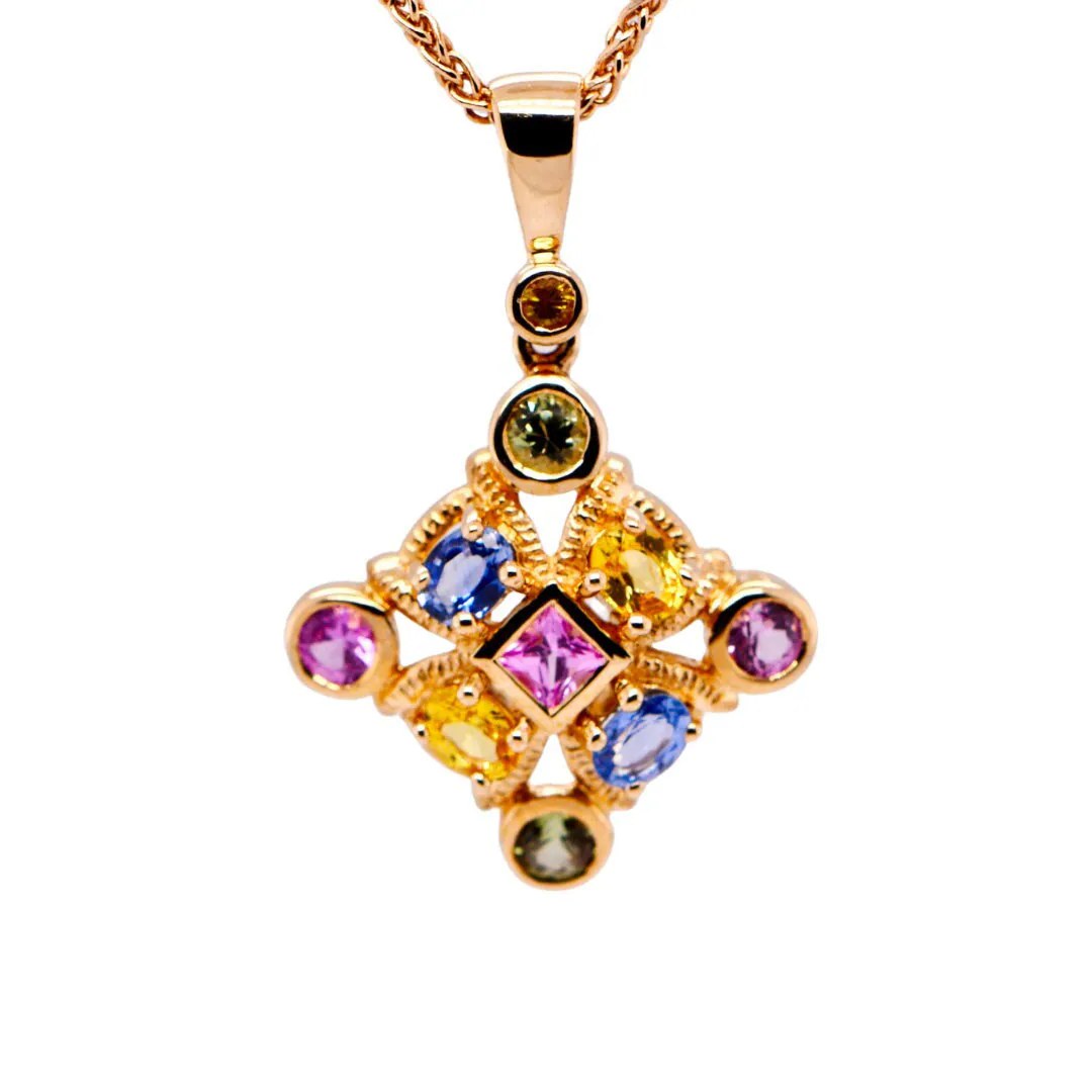 Vintage Multi Sapphire 14k Gold Statement Necklace : Blue Yellow Pink Green Sapphire September Birthstone Pendant Women
