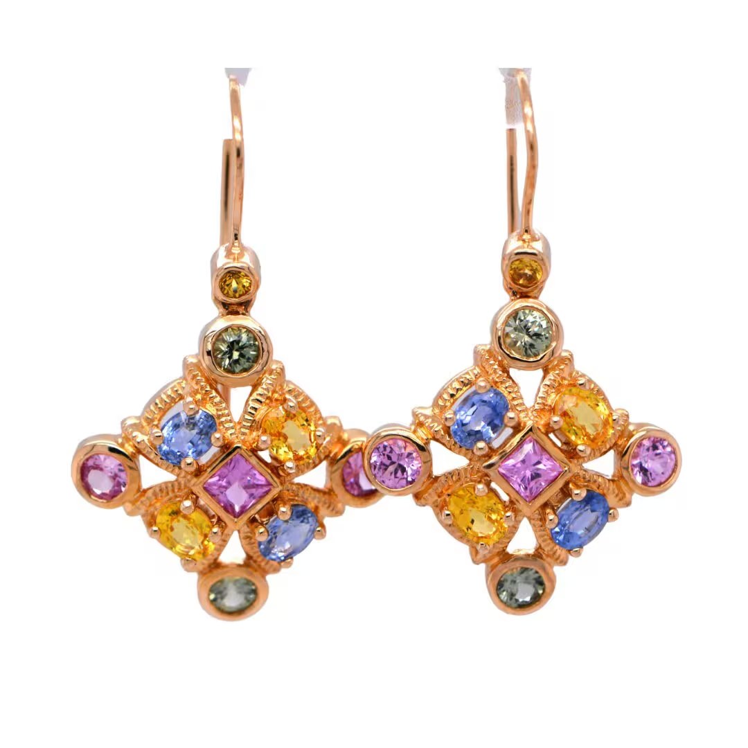 Multi Sapphire Statement Dangly Earrings Solid 14k Gold : Blue Yellow Pink Green Sapphire Multicolor Drops