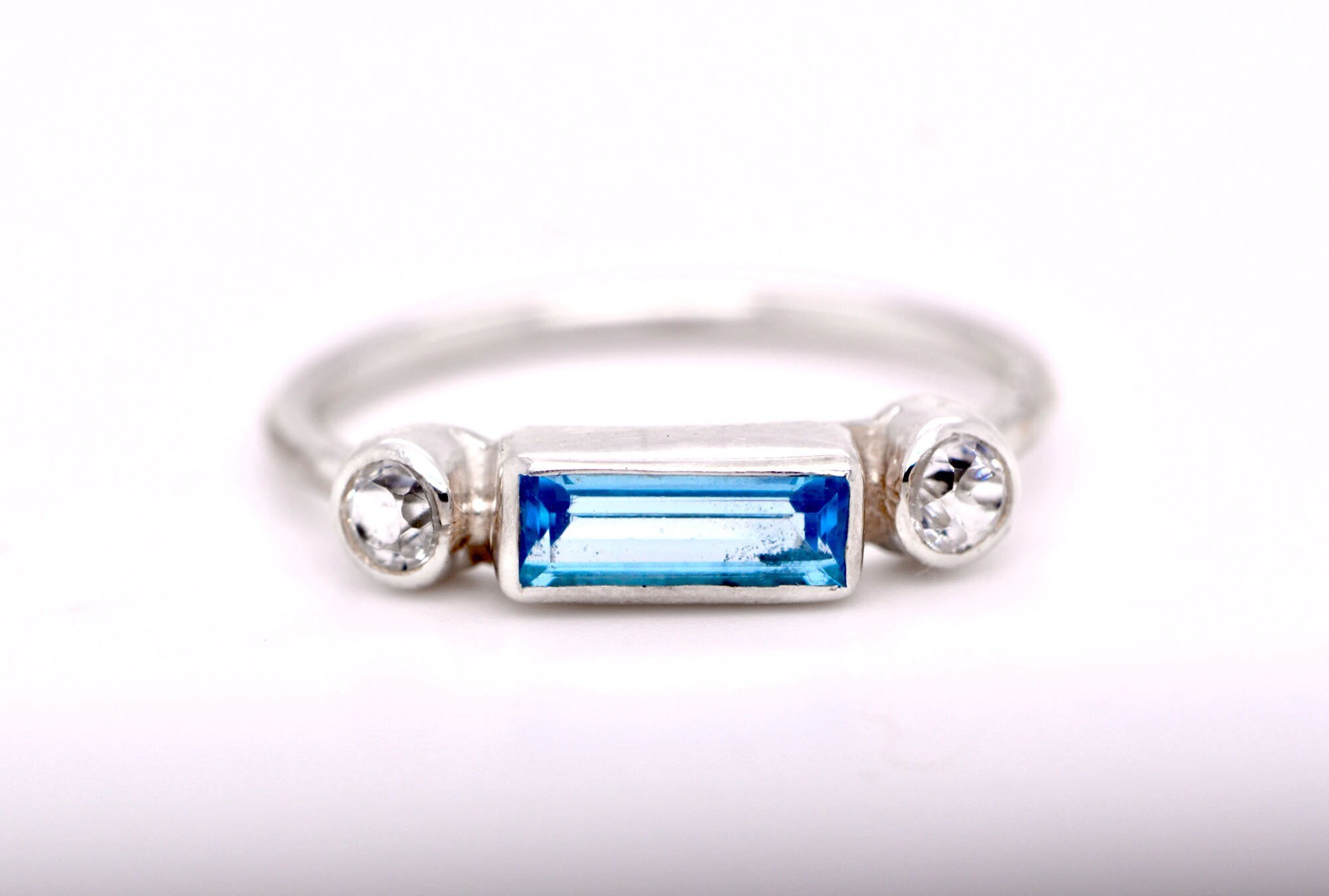 Dainty Swiss Blue Topaz & White Topaz Stacking Ring Sterling Silver : November Birthstone