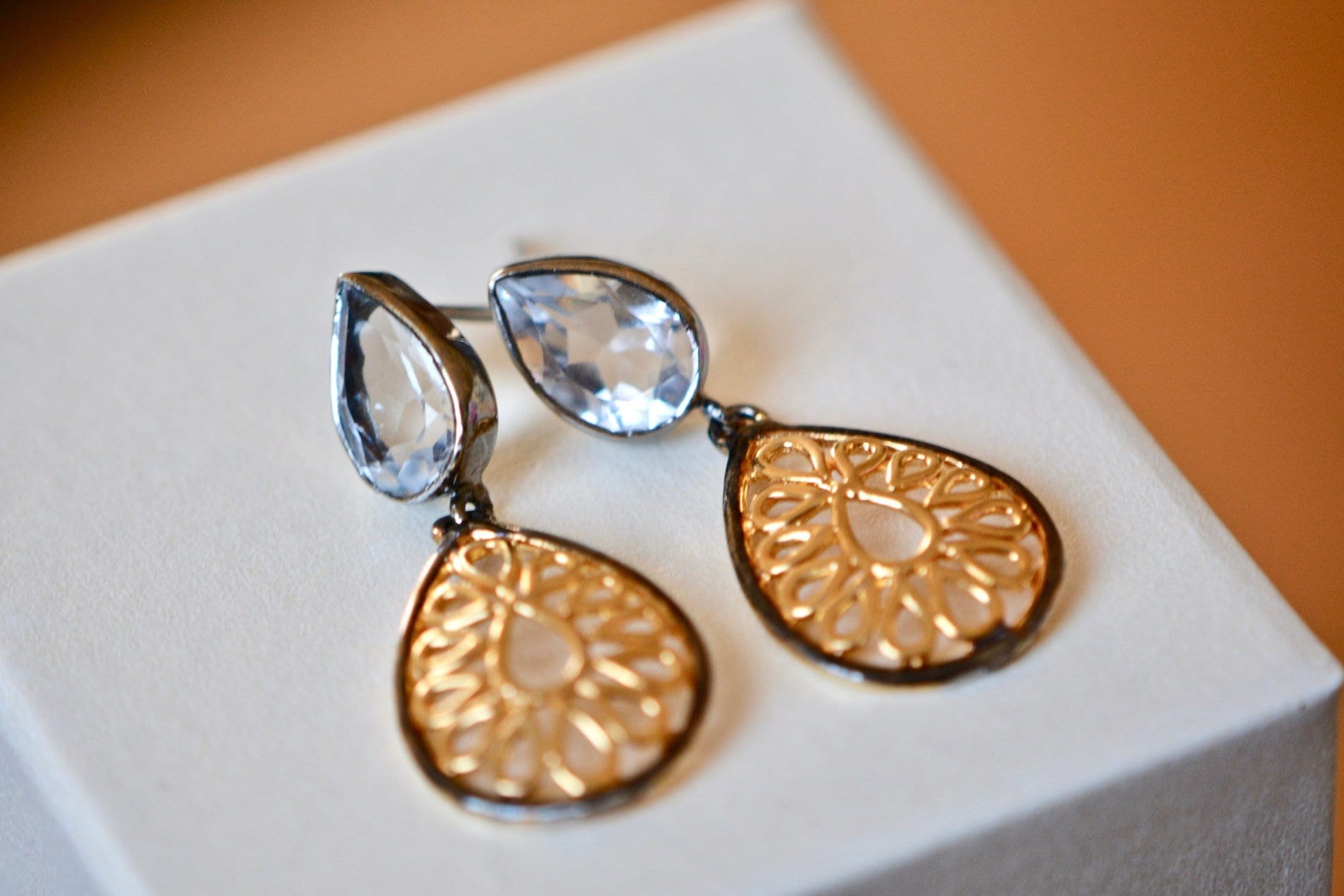 Clear Quartz Teardrop Gold Tone Dangly Filigree Earrings