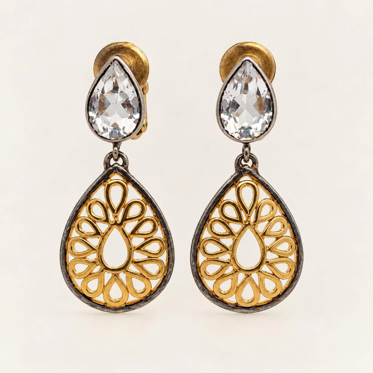 Clear Quartz Teardrop Gold Tone Dangly Filigree Earrings, detail view
