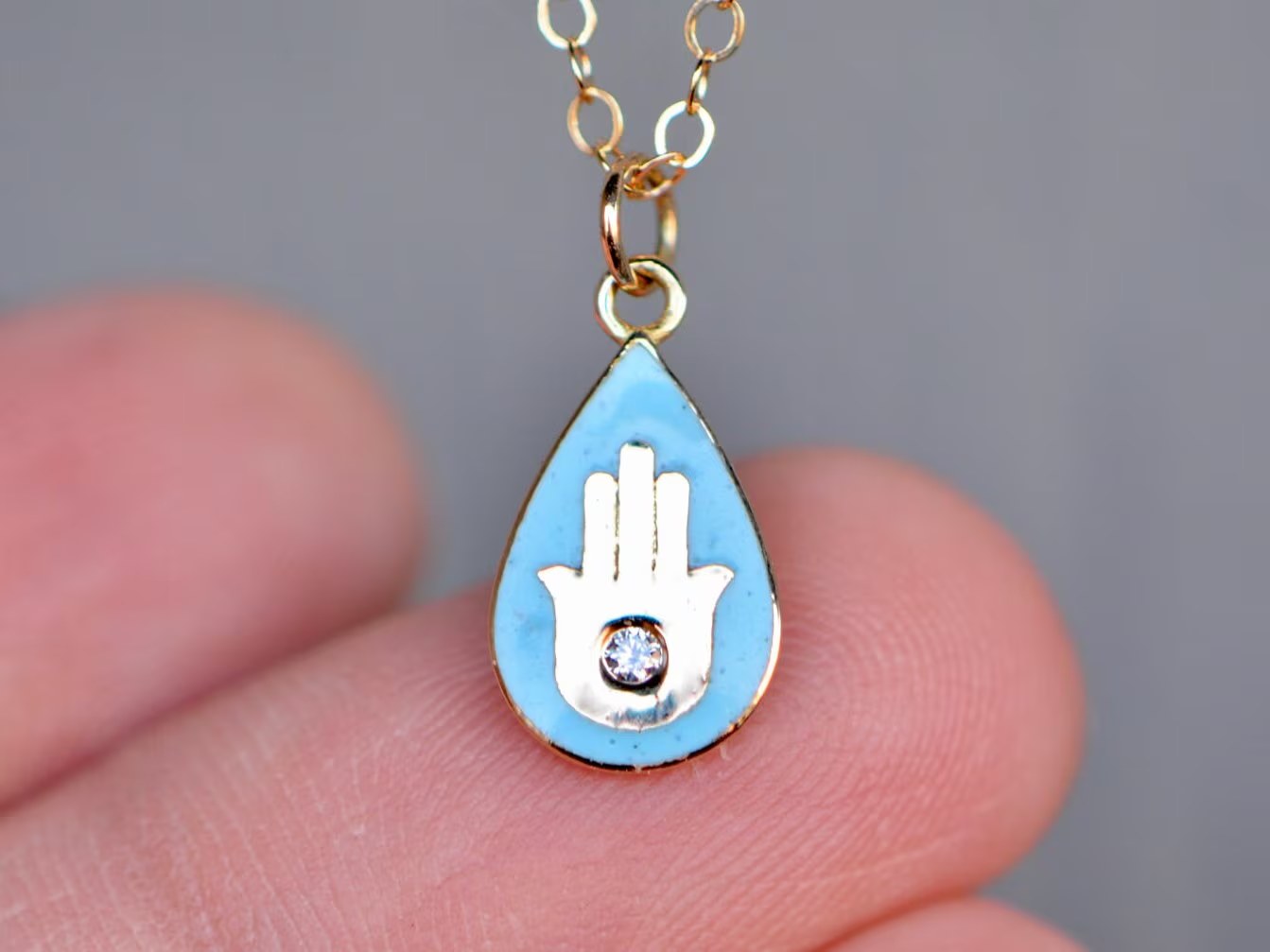 Hamsa Hand Teardrop Turquoise Charm with Diamond Solid 14k Gold : Religious Spiritual Gifts