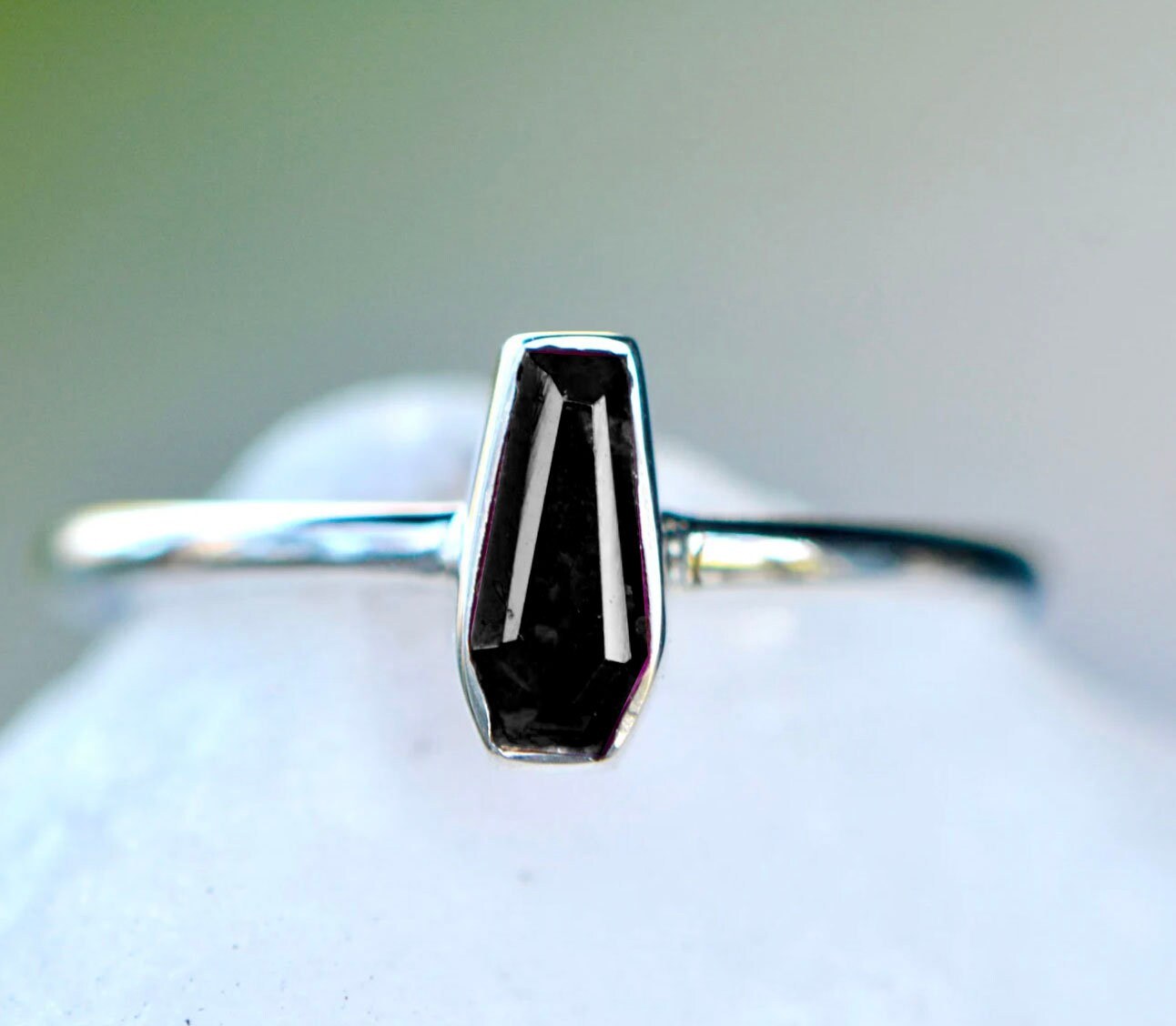 Black Tourmaline Mini Coffin Ring Sterling Silver, October Birthstone Ring, Everyday Ring, Minimalist Ring, Stacking Ring, Halloween Gift, detail view