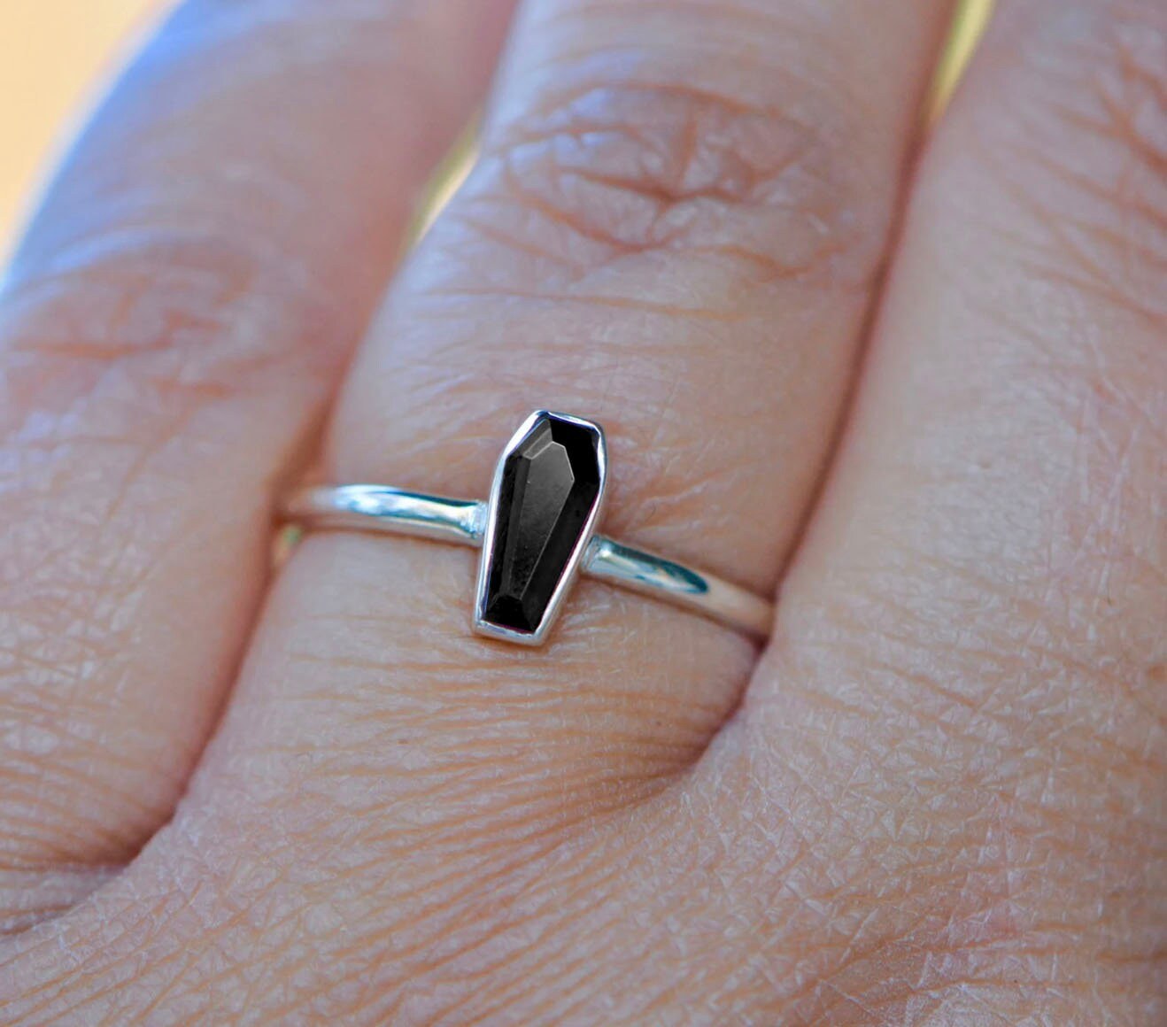 Black Tourmaline Mini Coffin Ring Sterling Silver, October Birthstone Ring, Everyday Ring, Minimalist Ring, Stacking Ring, Halloween Gift, worn view