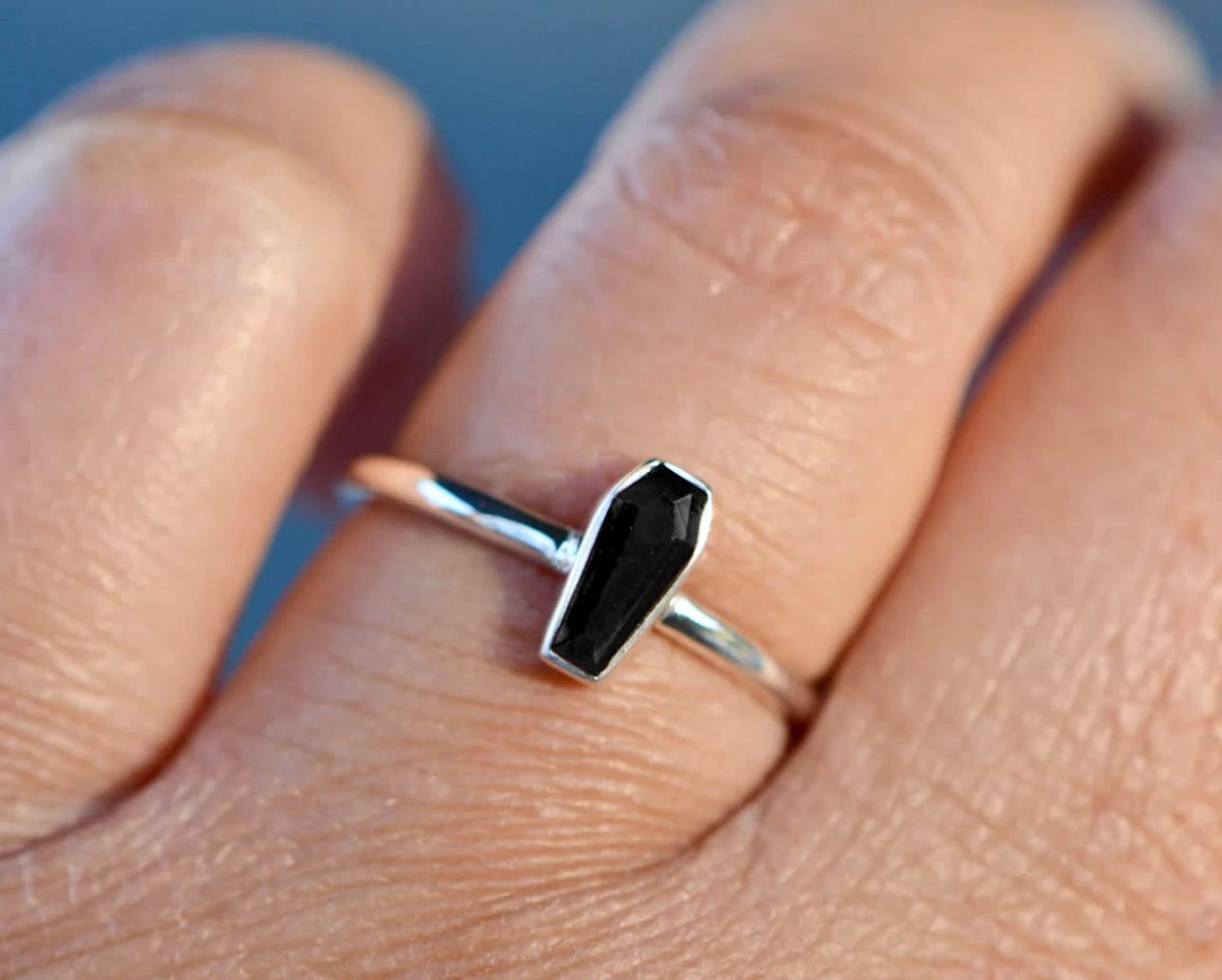 Black Tourmaline Mini Coffin Ring Sterling Silver, October Birthstone Ring, Everyday Ring, Minimalist Ring, Stacking Ring, Halloween Gift