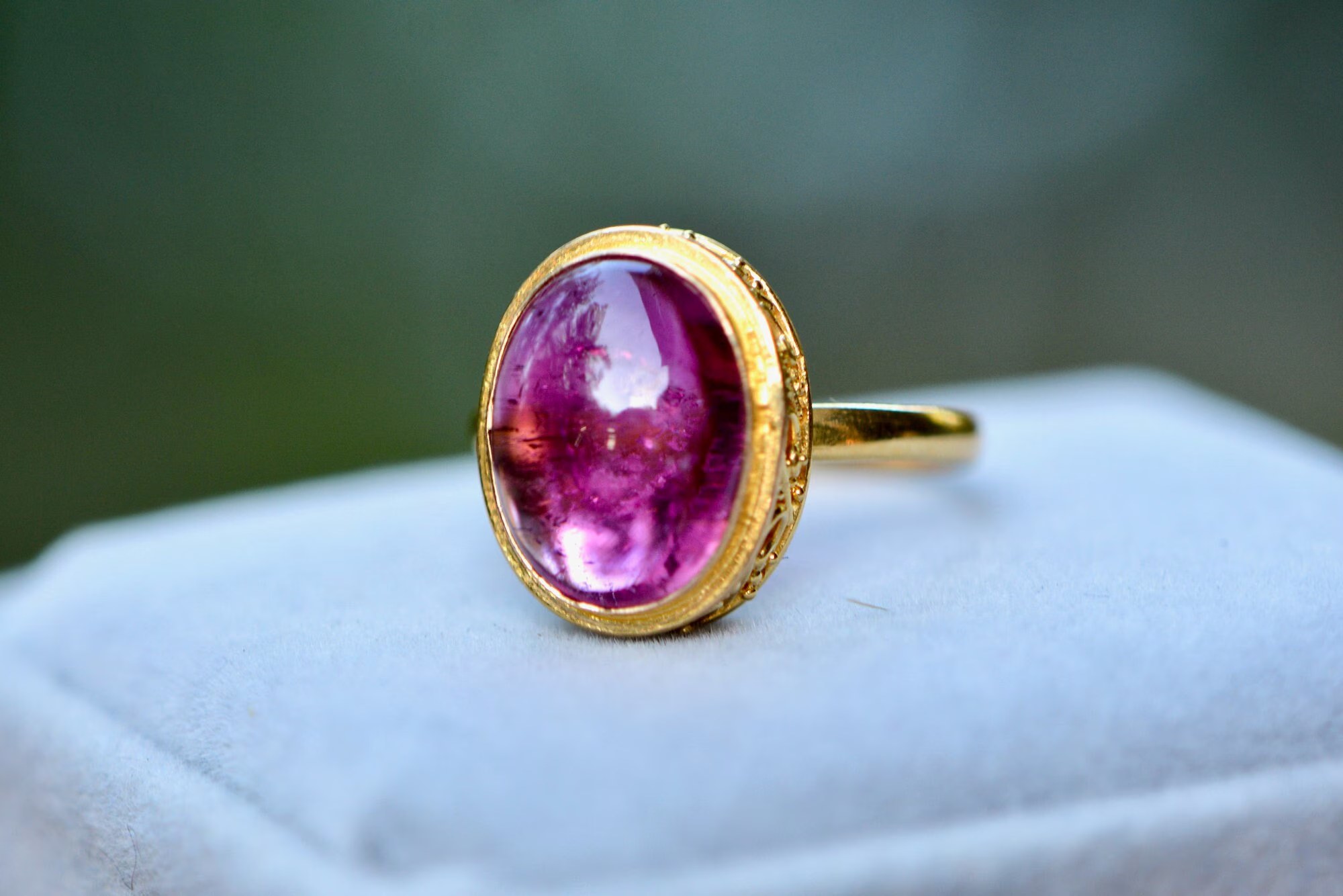 Pink Tourmaline Cabochon Oval Solitaire Ring 18k Solid Gold : October Birthstone Jewelry