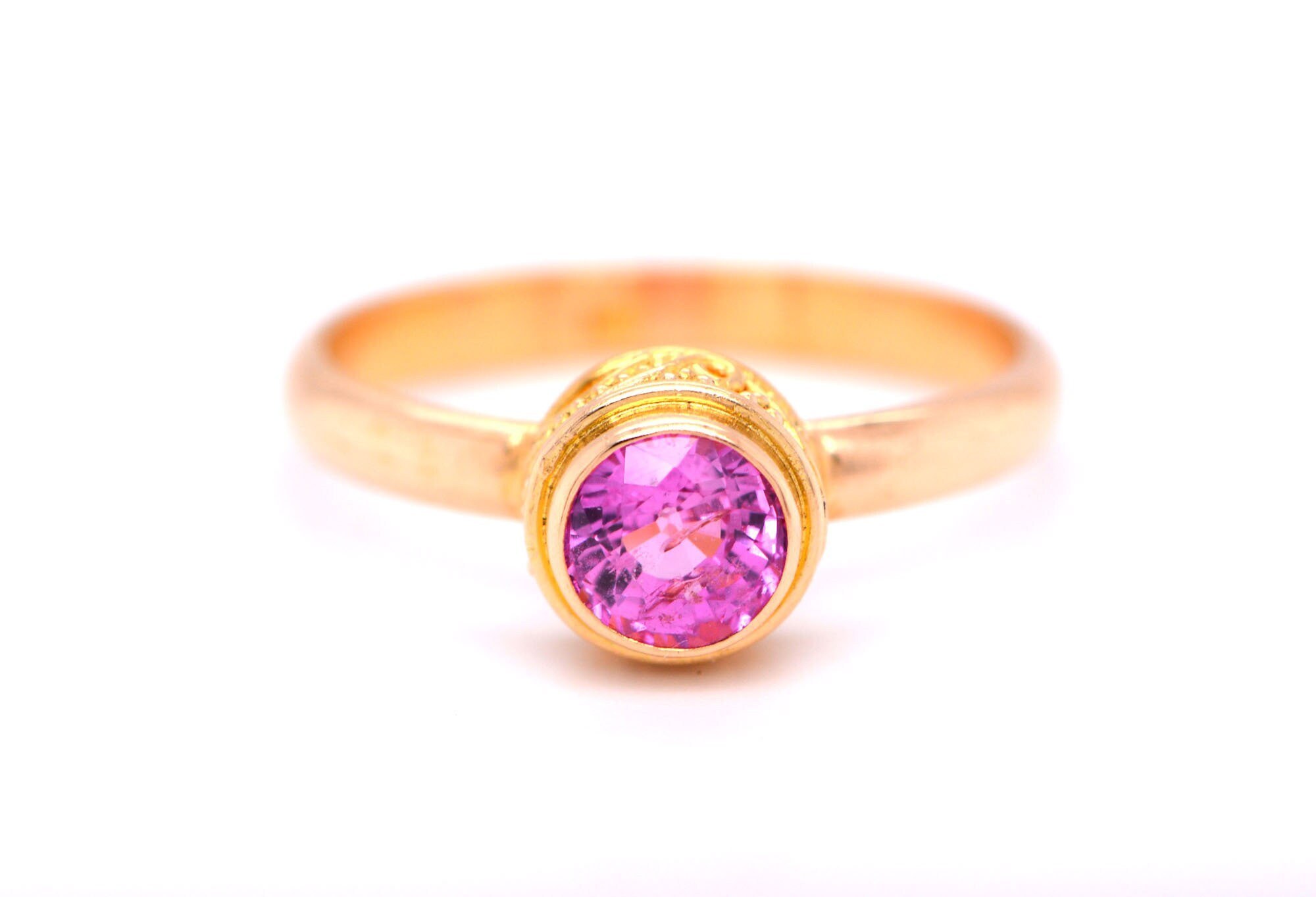 Pink Ceylon Sapphire 18kt Gold Bezel Solitaire Ring: September Birthstone Engagement Ring