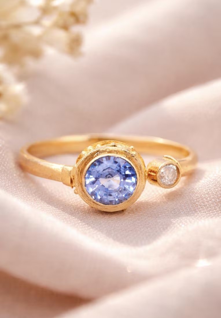 Sapphire Ceylon Blue & Diamond 18kt Gold Stackable Ring: 5th, 10th or 45th Anniversary Gift for Wife