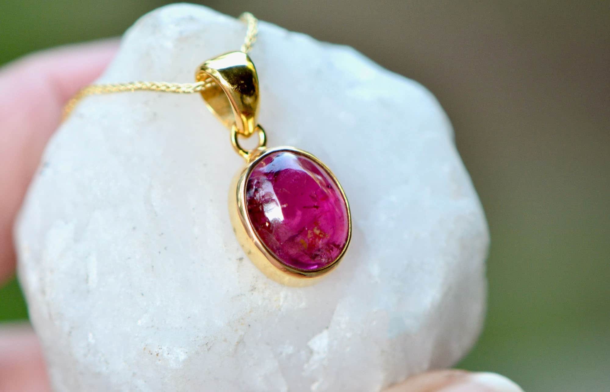 Rubellite Pink Tourmaline 18k Solid Gold Necklace, October Birthstone Pendant, Natural Pink Gemstone Statement Necklace, Holiday Gift Wife