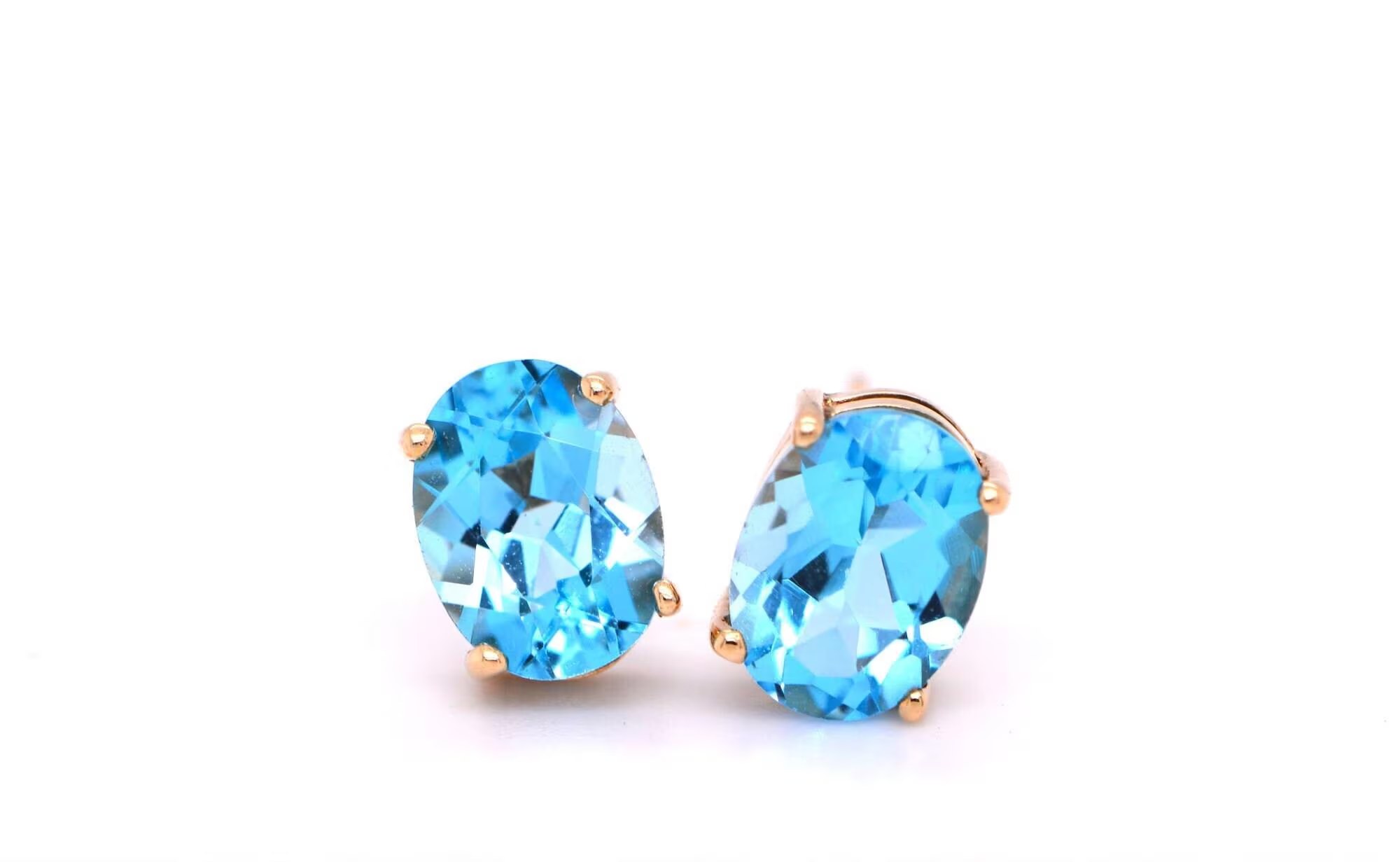 Swiss Blue Topaz Solid 14k Gold Oval Stud Earrings : December Birthstone Jewelry