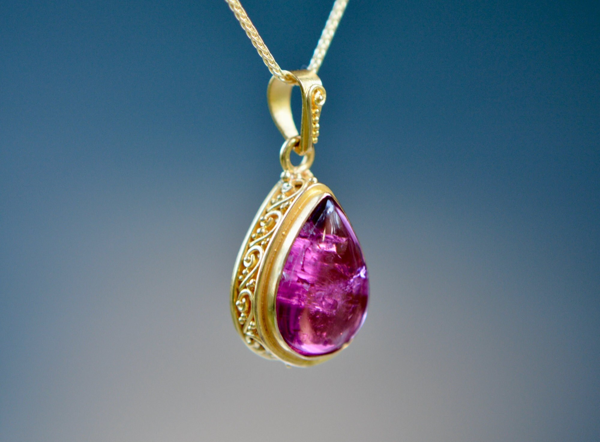Rubellite Pink Tourmaline Teardrop Cabochon Solid 18k Gold Bezel Necklace : October Birthstone Jewelry