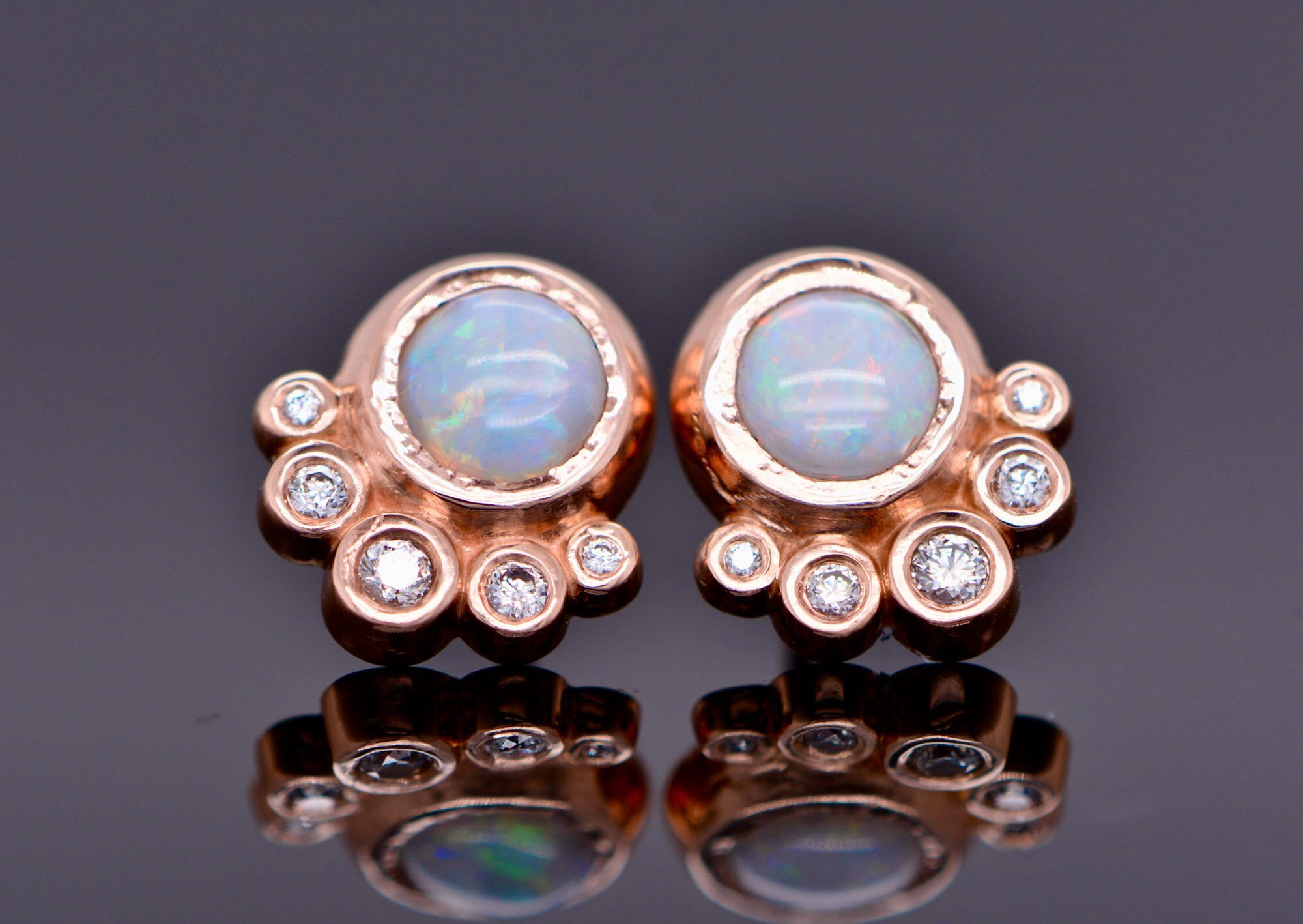 White Opal Diamond Stud Earrings 14k Gold : 12th or 14th Anniversary Gift for Women