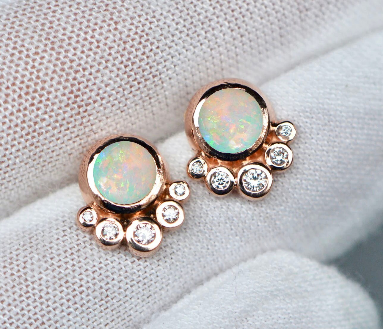 White Opal Diamond Stud Earrings 14k Gold : 12th or 14th Anniversary Gift for Women, detail view