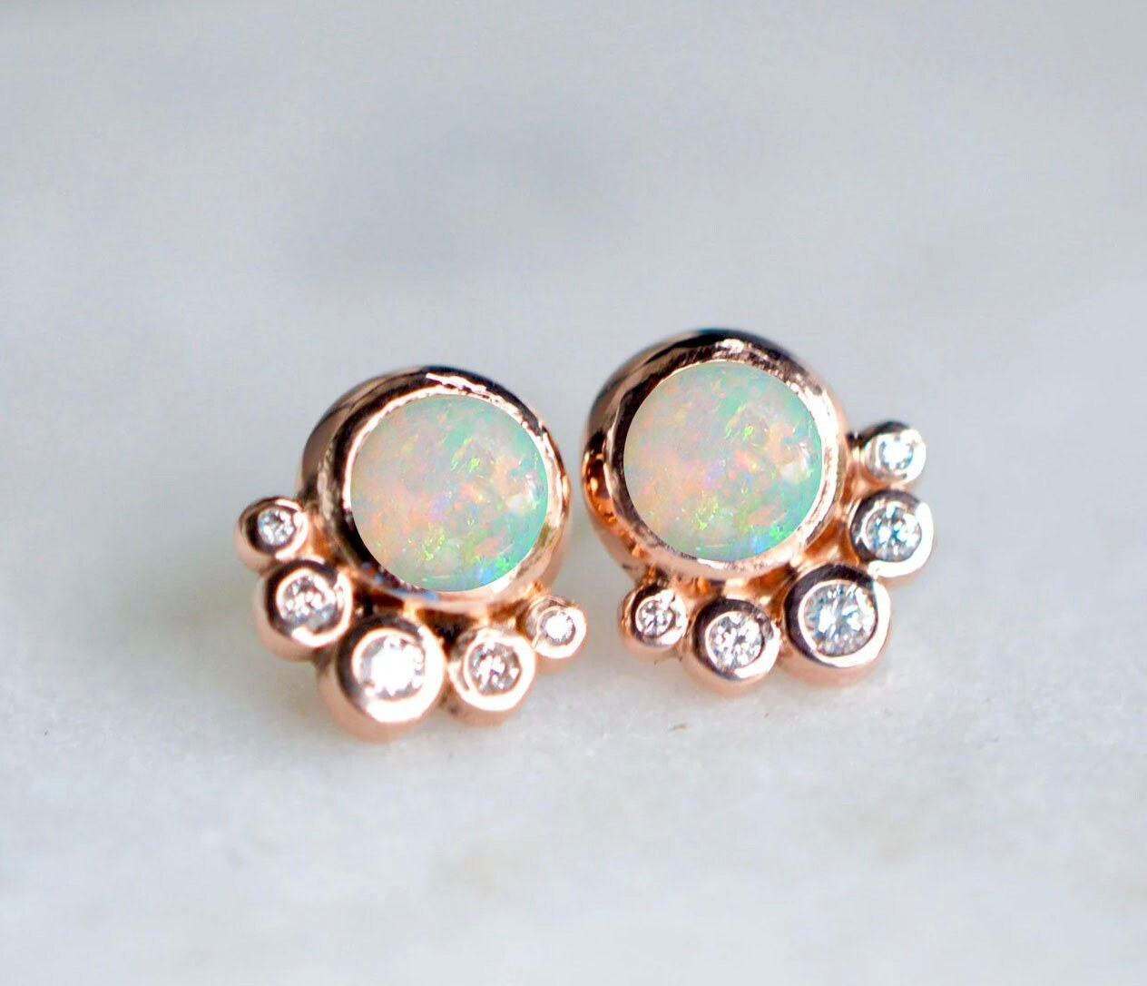 White Opal Diamond Stud Earrings 14k Gold : 12th or 14th Anniversary Gift for Women, detail view