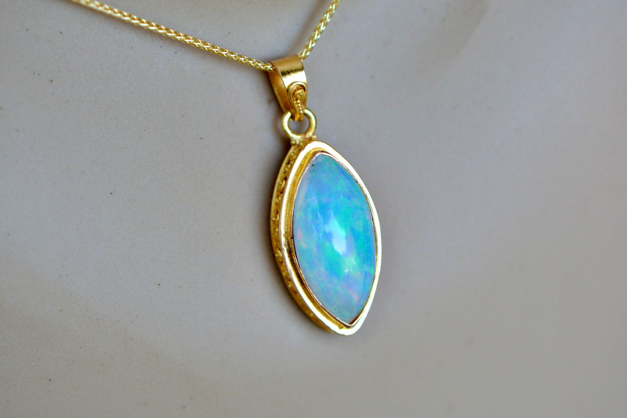 Opal Marquise Cabochon 18k Gold Patterned Bezel Pendant : October Birthstone Statement Necklace