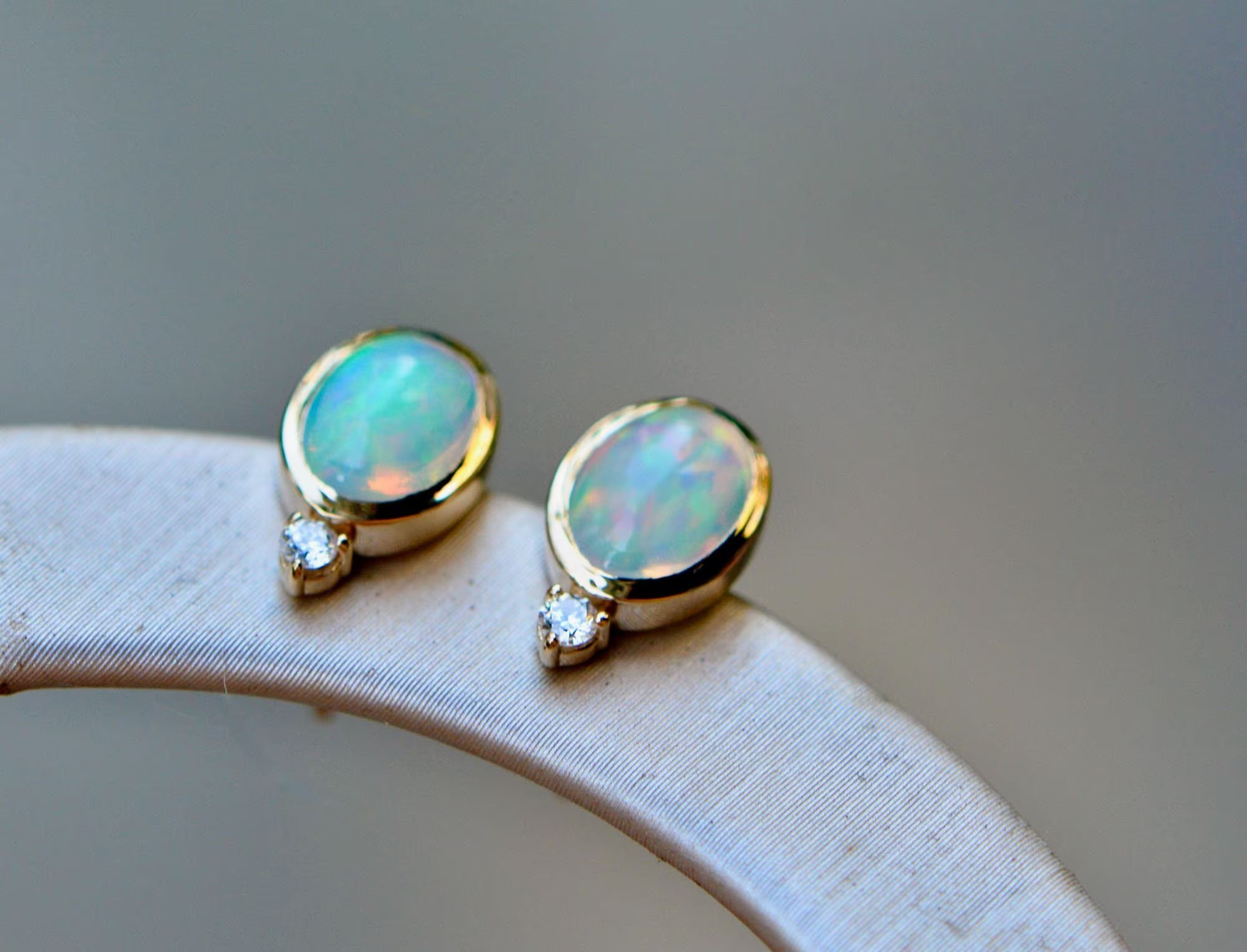 Natural Ethiopian Opal Diamond Earrings Solid 14k Gold : October Birthstone Studs