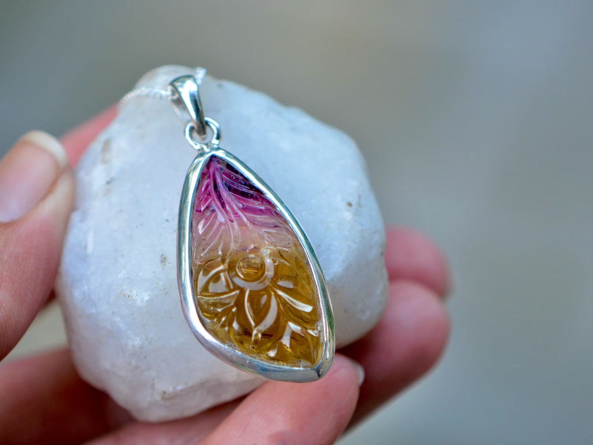 Pink and Green Tourmaline Carved Sterling Silver Statement Pendant : October Birthstone Jewelry