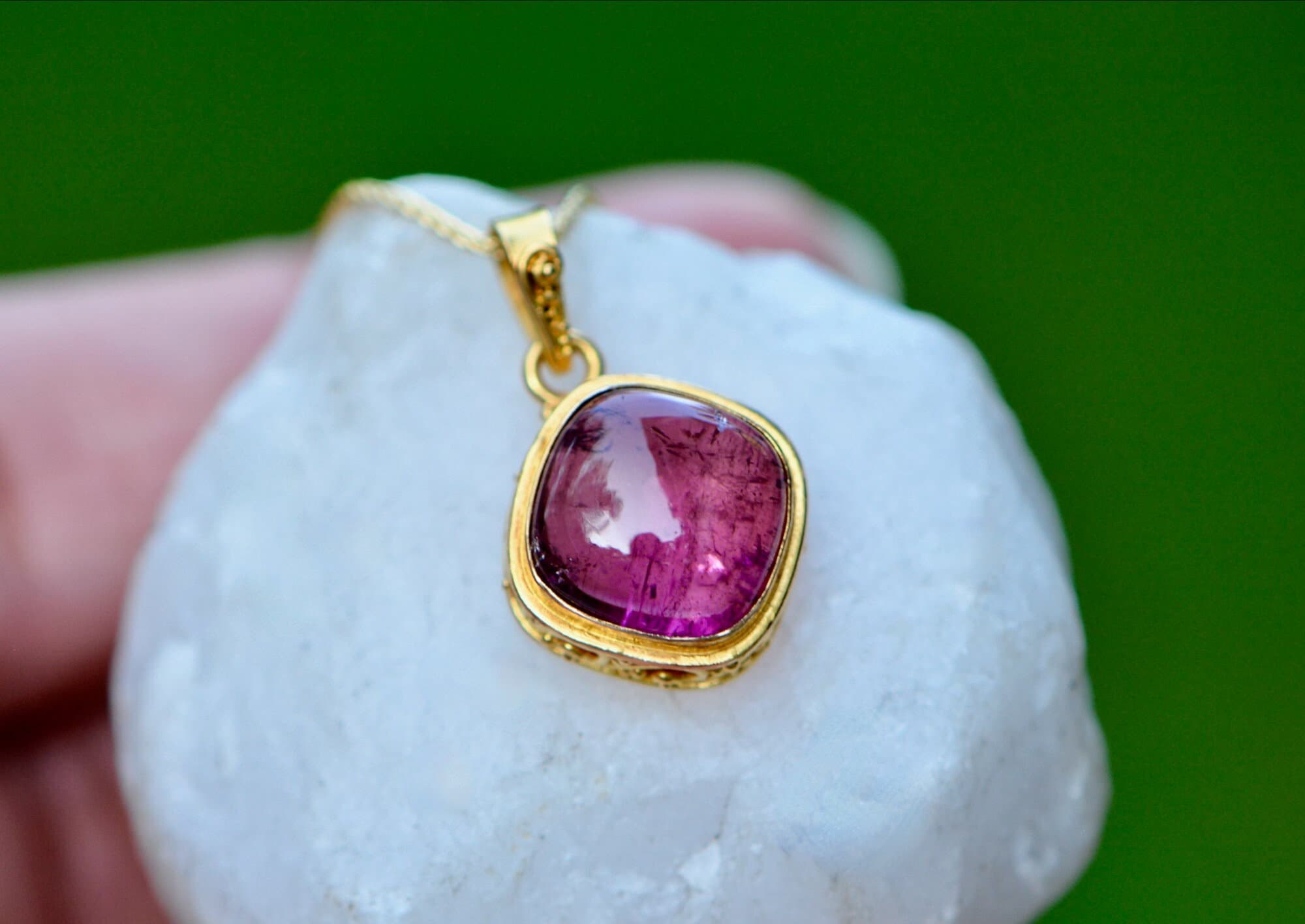Rubellite Pink Tourmaline Cushion Cabochon 18k Gold Necklace, October Birthstone Pendant, Natural Pink Gemstone Square Statement Necklace