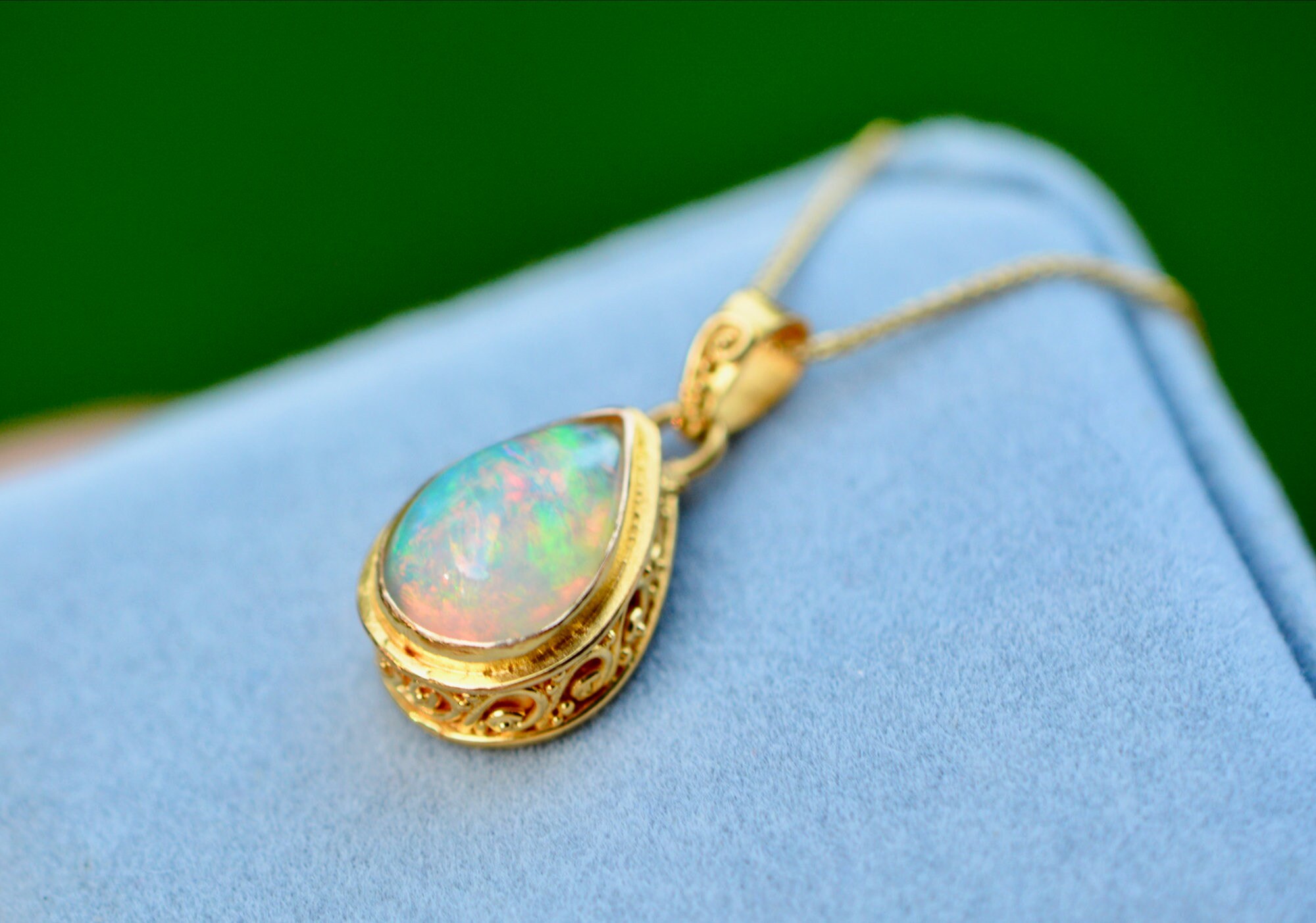 Ethiopian Opal AAAA grade 18k Gold Teardrop Necklace : October Birthstone Statement Pendant for Women