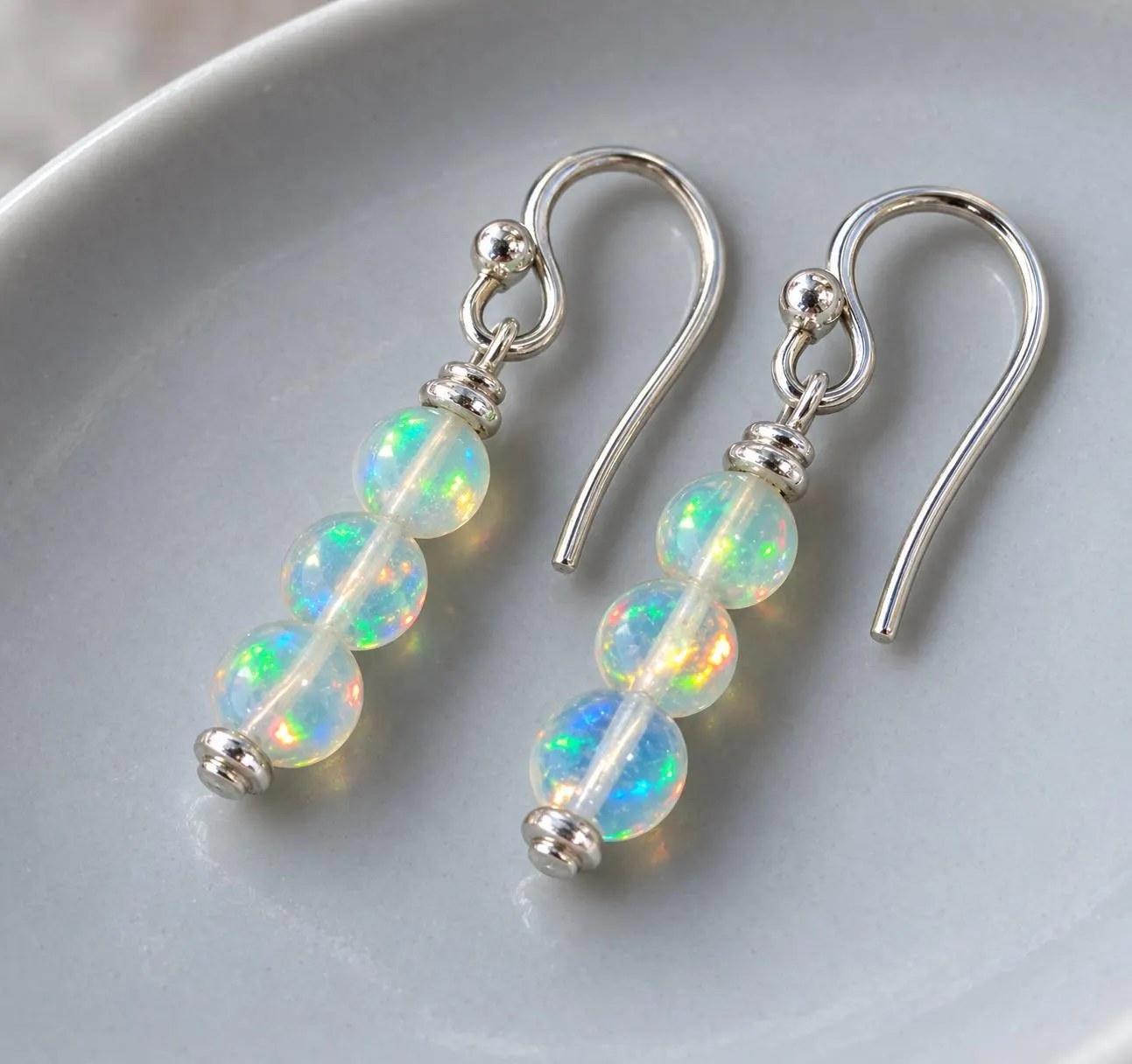 Ethiopian Opal Natural Bead Dangly Earrings Sterling Silver : October Birthstone Jewelry