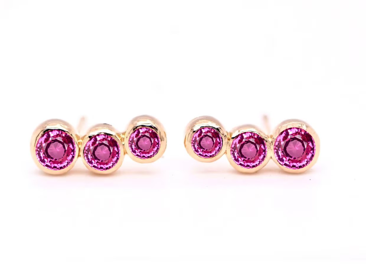 Pink Tourmaline Ear Climbers 14kt Gold, October Birthstone Jewelry, Round Pink Gemstone Stud Earrings, Girlfriend Gift, Birthday Gift Wife
