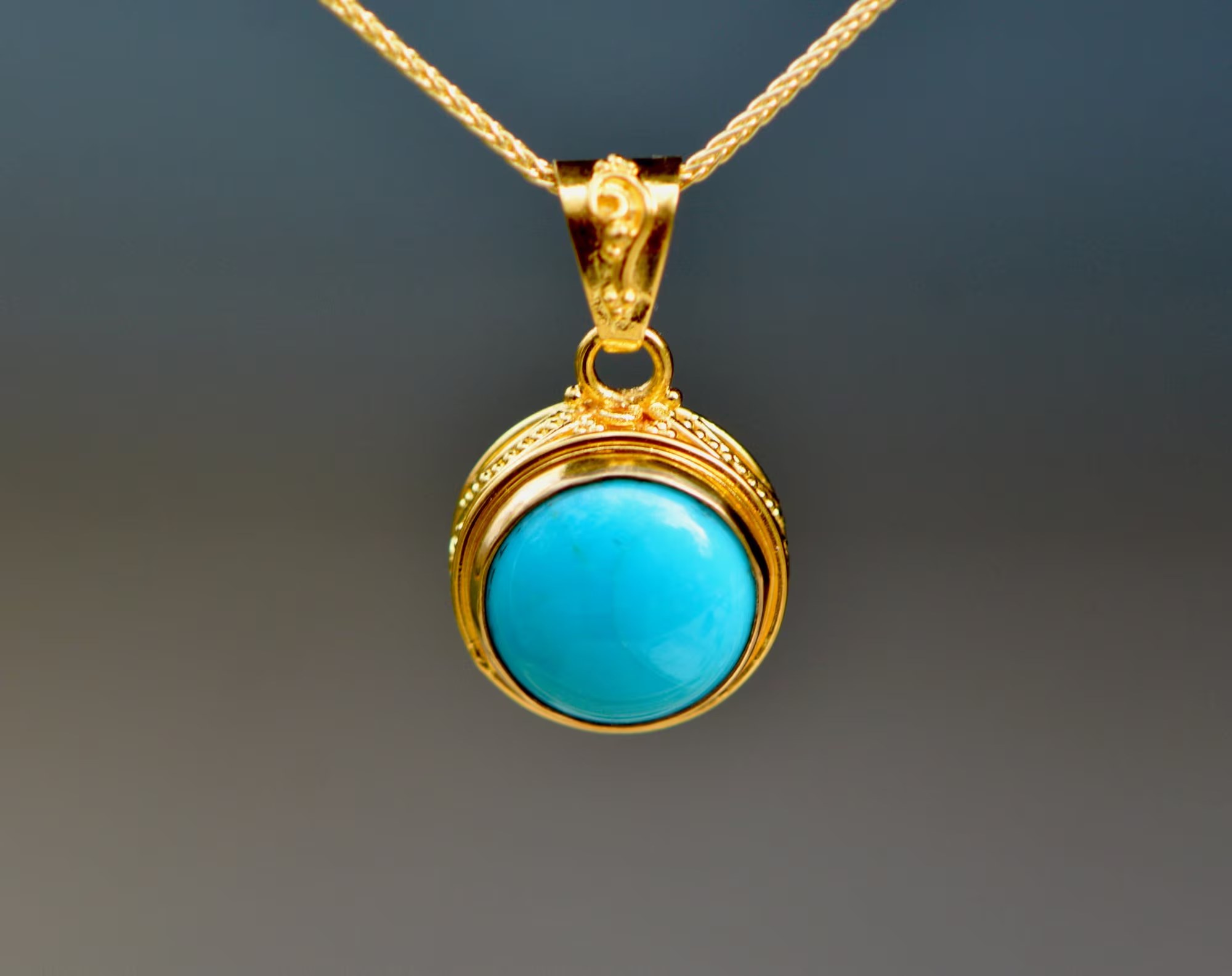 Turquoise Sleeping Beauty Round Pendant 18k Gold : December Birthstone Jewelry