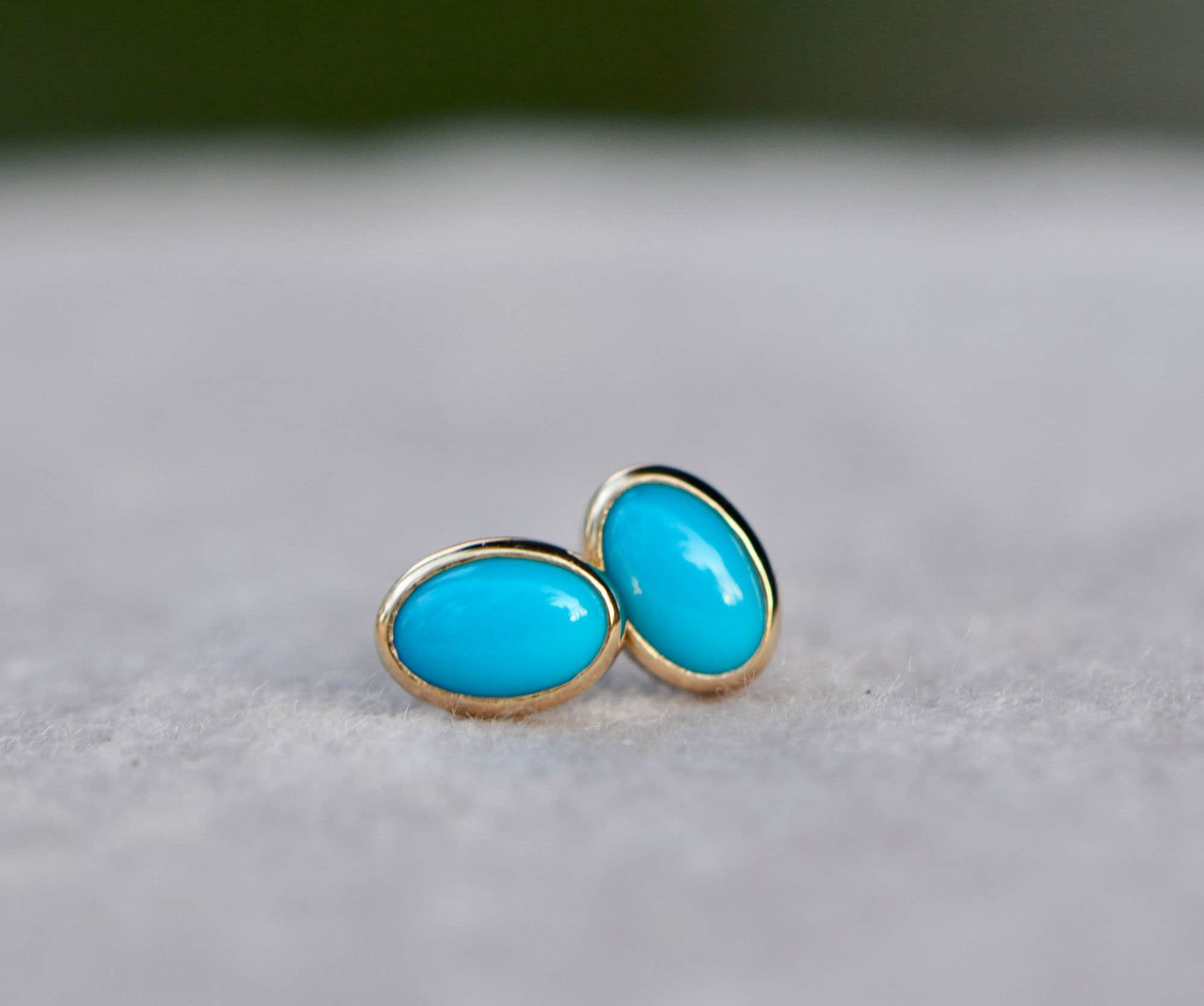 Turquoise Dainty Oval Stud Earrings Solid 14k Gold : December Birthstone Jewelry