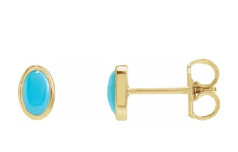 Turquoise Dainty Oval Stud Earrings Solid 14k Gold : December Birthstone Jewelry, detail view