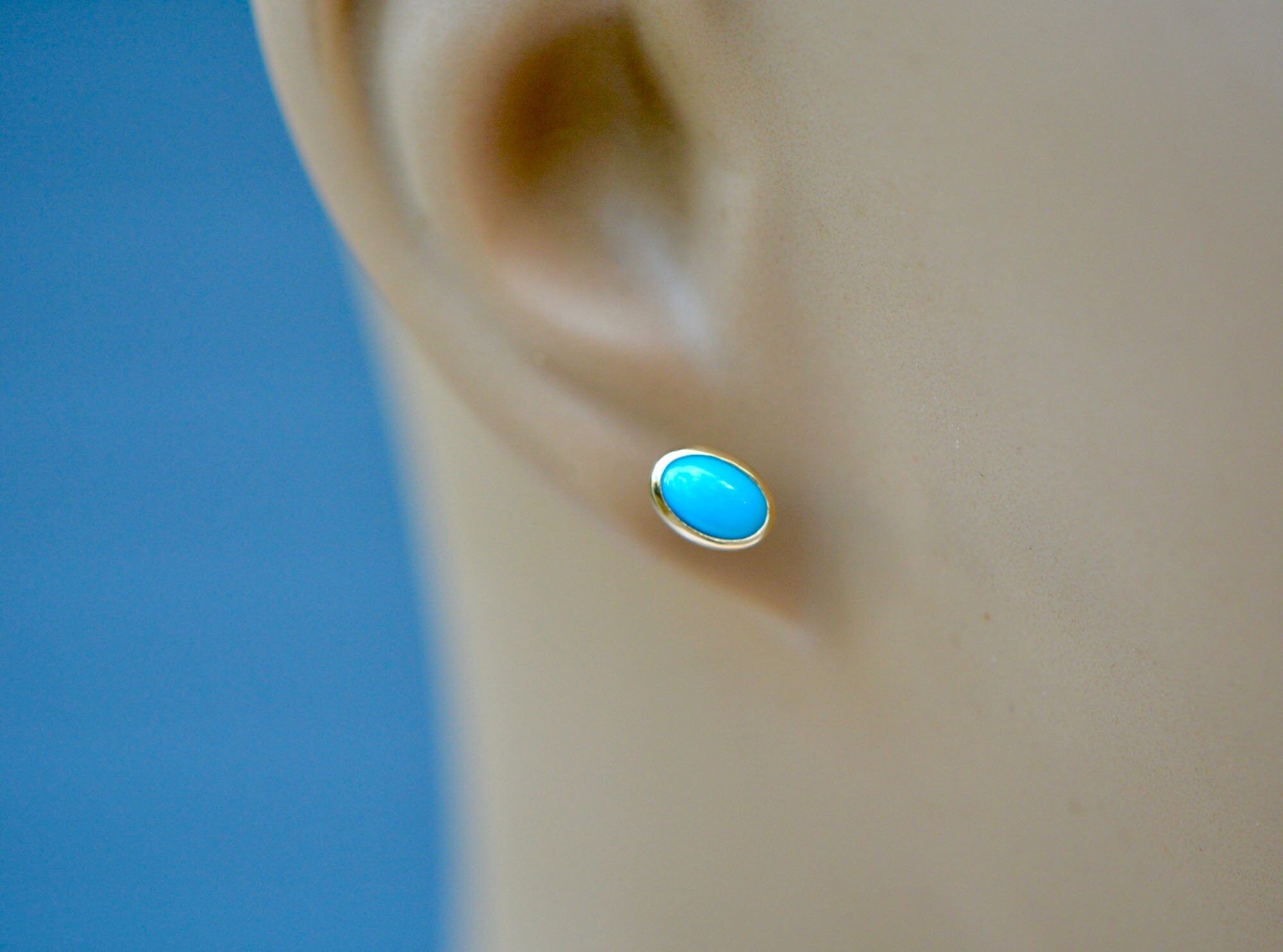 Turquoise Dainty Oval Stud Earrings Solid 14k Gold : December Birthstone Jewelry, detail view