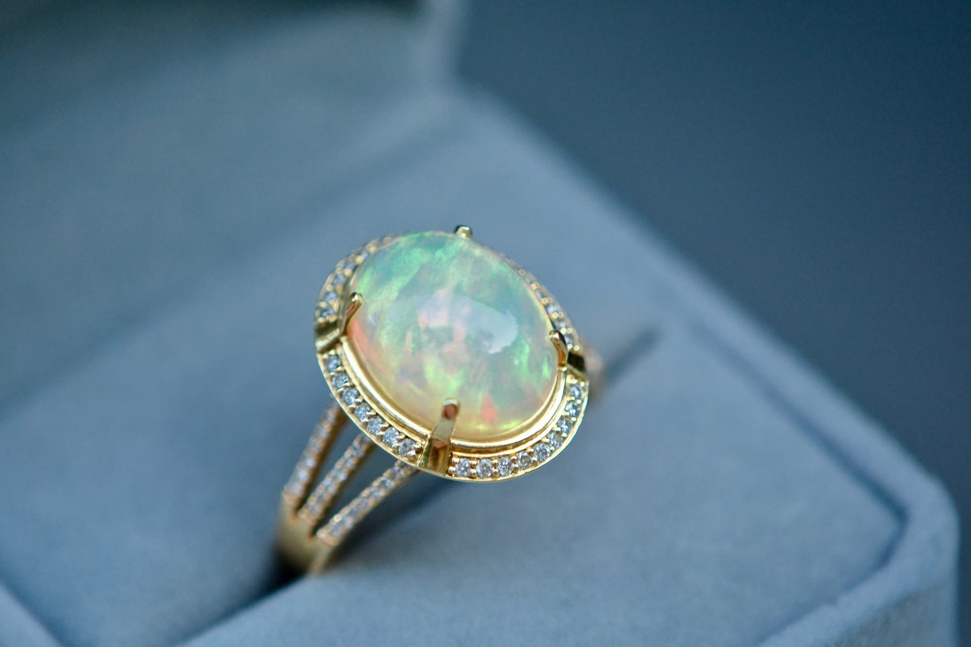 Opal Diamond Halo Statement Ring Solid 14k Gold Ring : October Birthstone Jewelry