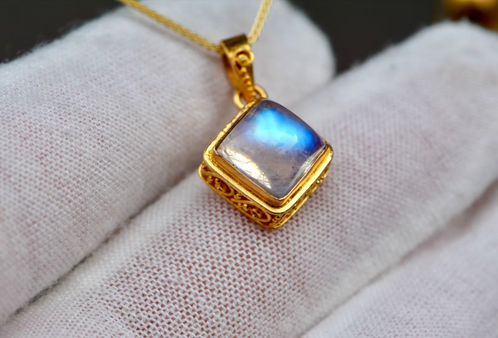 Blue Moonstone Square Fancy Bezel Pendant 18k Gold : June Birthstone Jewelry