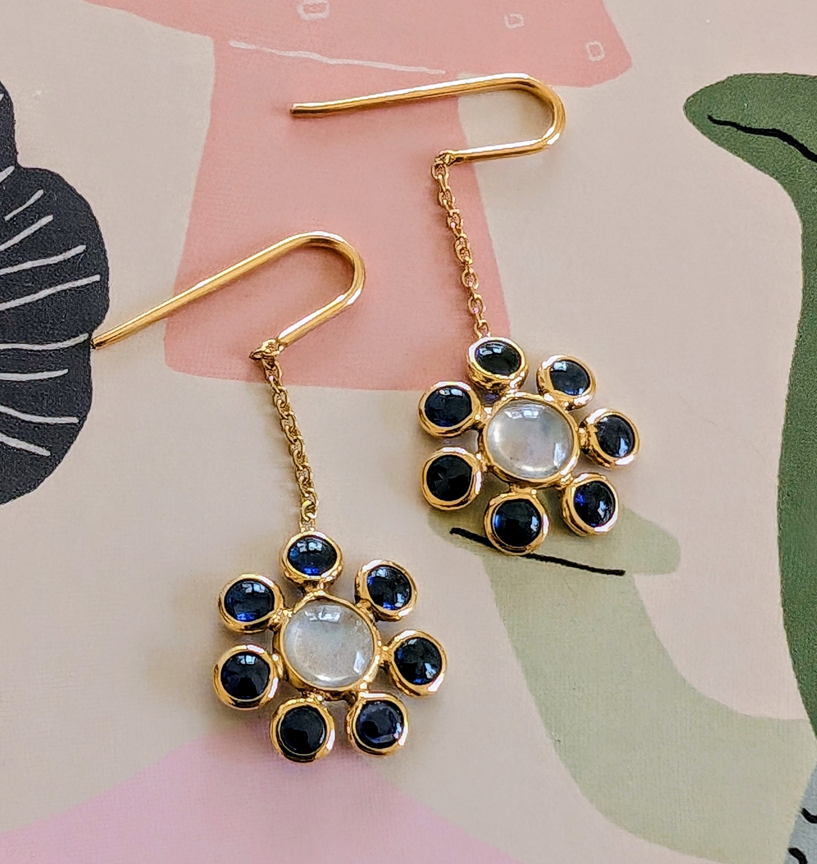 Sapphire & Blue Moonstone 18kt Gold Long Dangly Floral Earrings : September June Birthstone