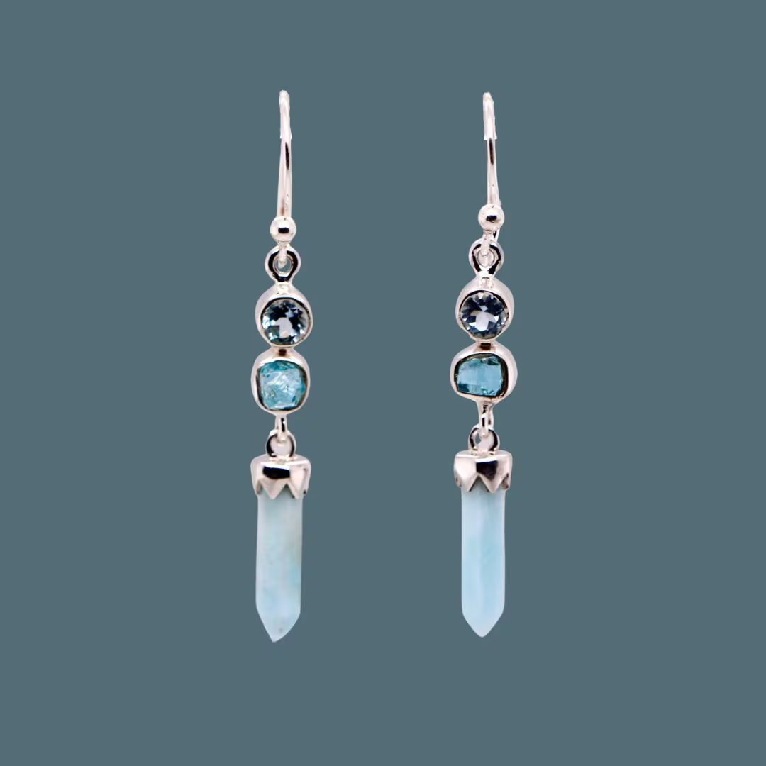 Dominican Larimar Tourmaline and Blue Topaz Long Dangly Earrings Sterling Silver : Summer Jewelry
