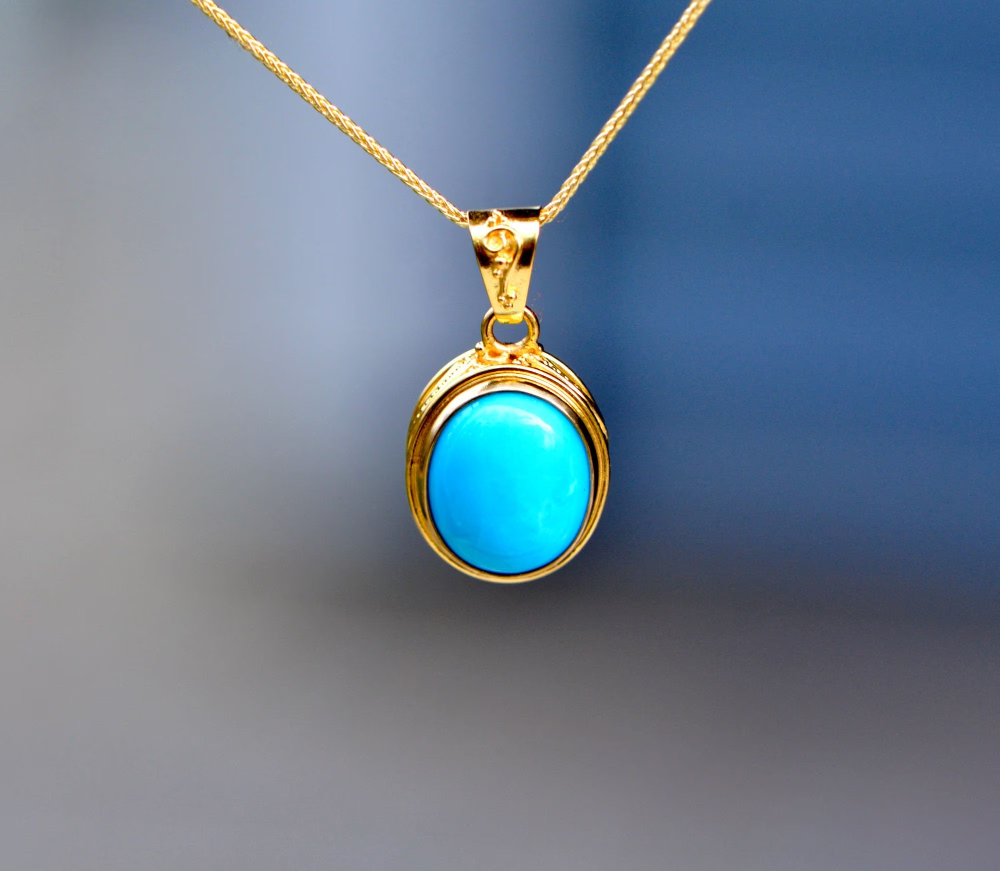 Turquoise Sleeping Beauty Solid 18k Gold Necklace: 6th or 11th Anniversary Gift