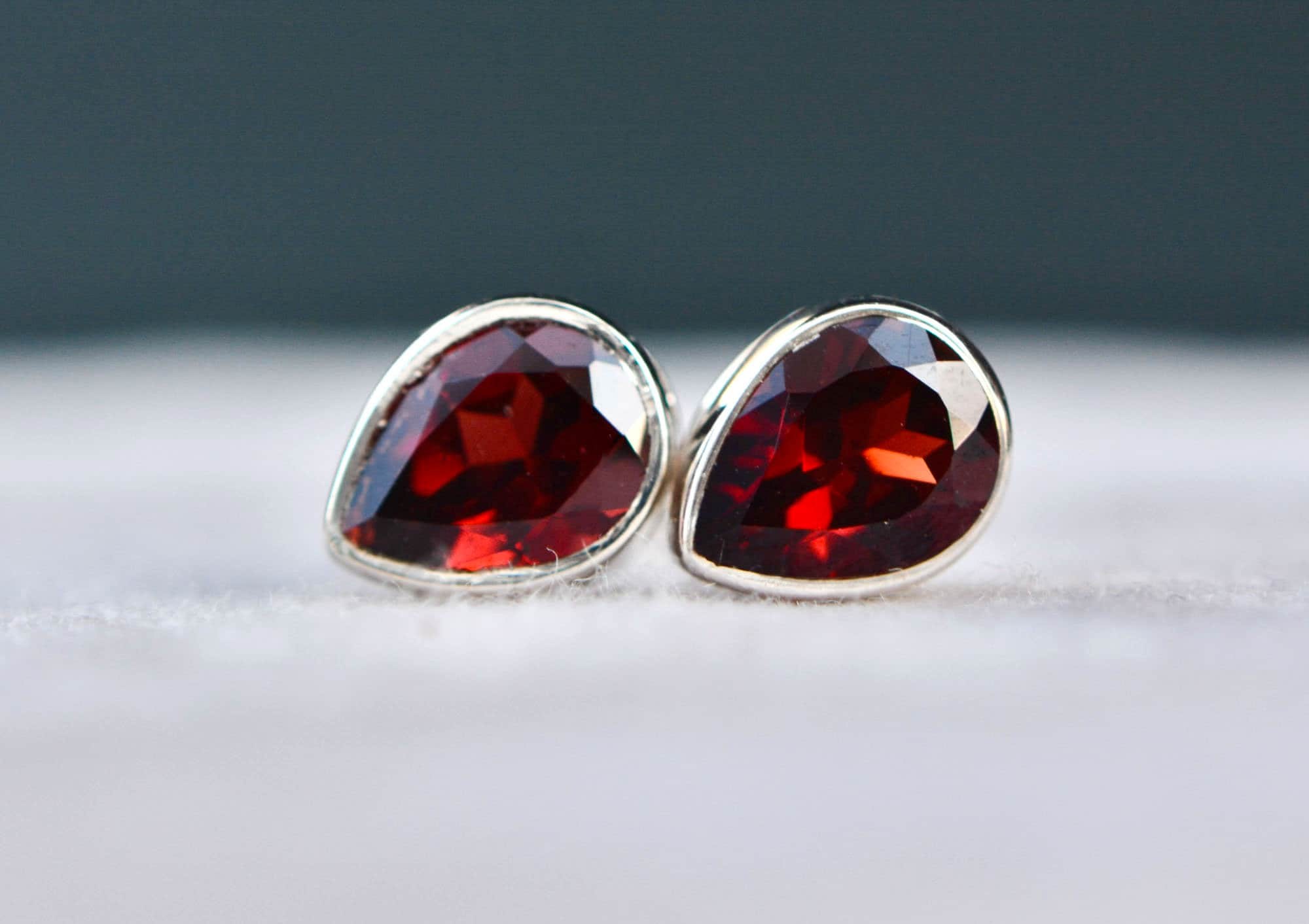 Red Garnet Teardrop Sterling Silver Stud Earrings : January Birthstone Jewelry, detail view