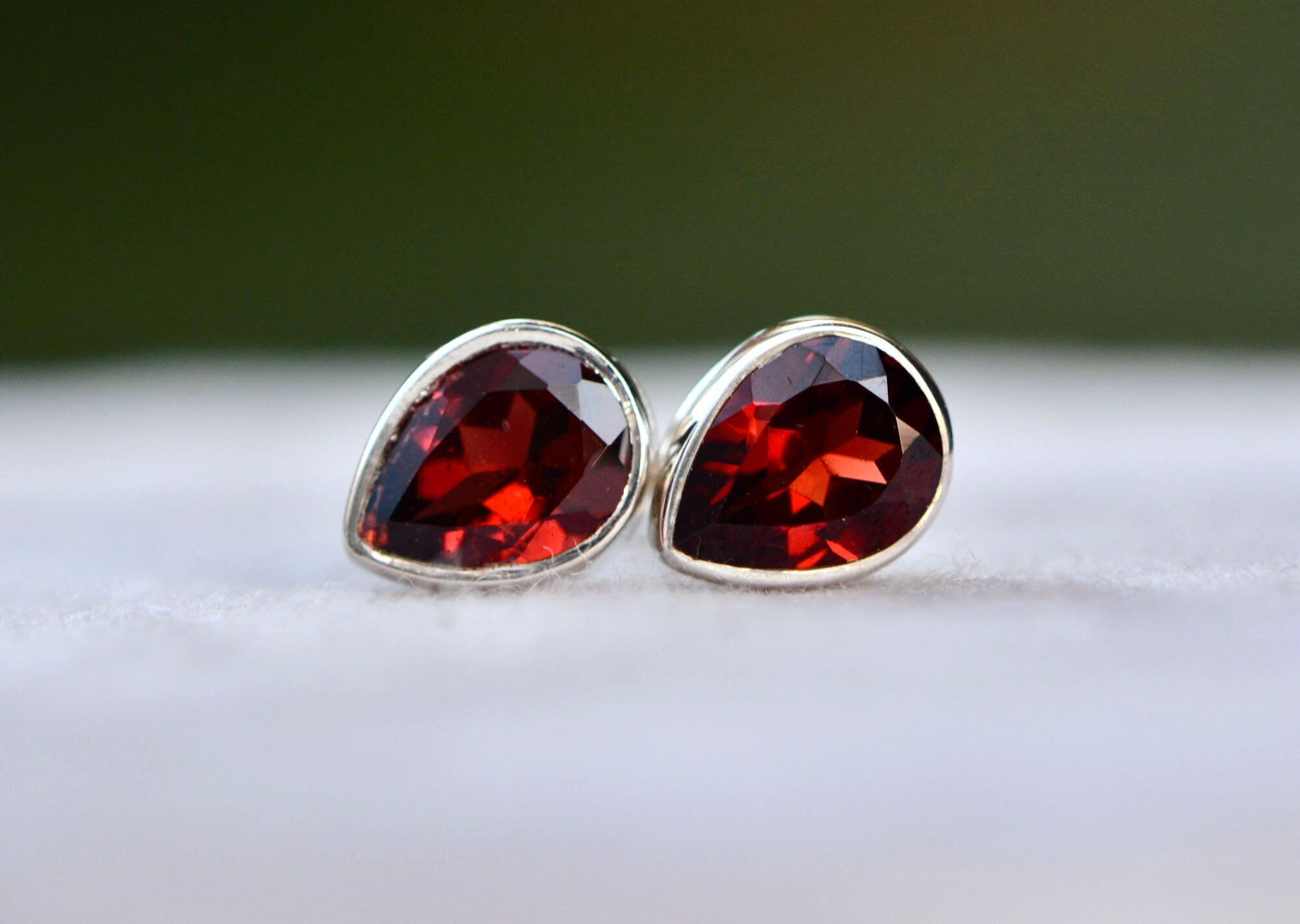Red Garnet Teardrop Sterling Silver Stud Earrings : January Birthstone Jewelry