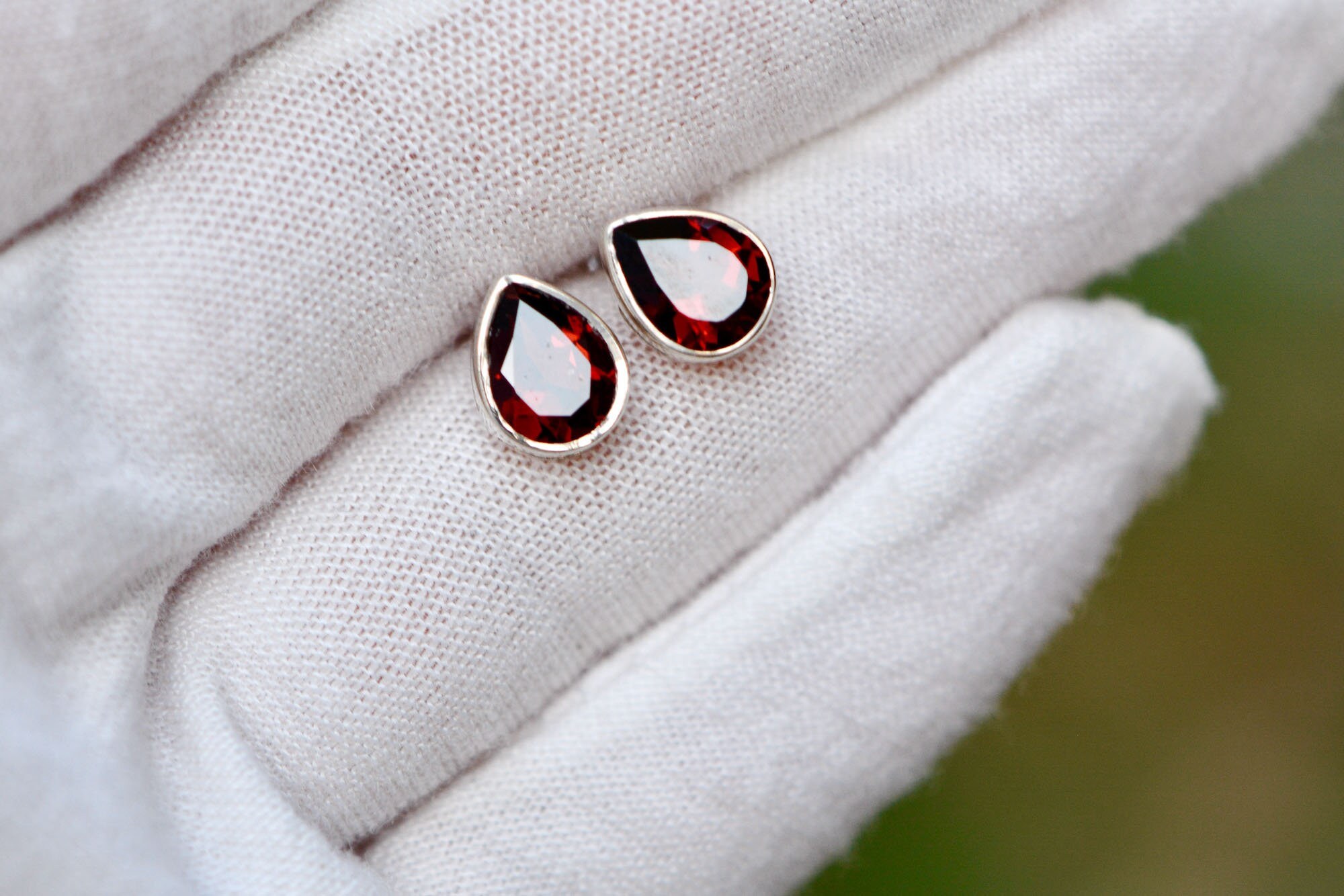 Red Garnet Teardrop Sterling Silver Stud Earrings : January Birthstone Jewelry, detail view