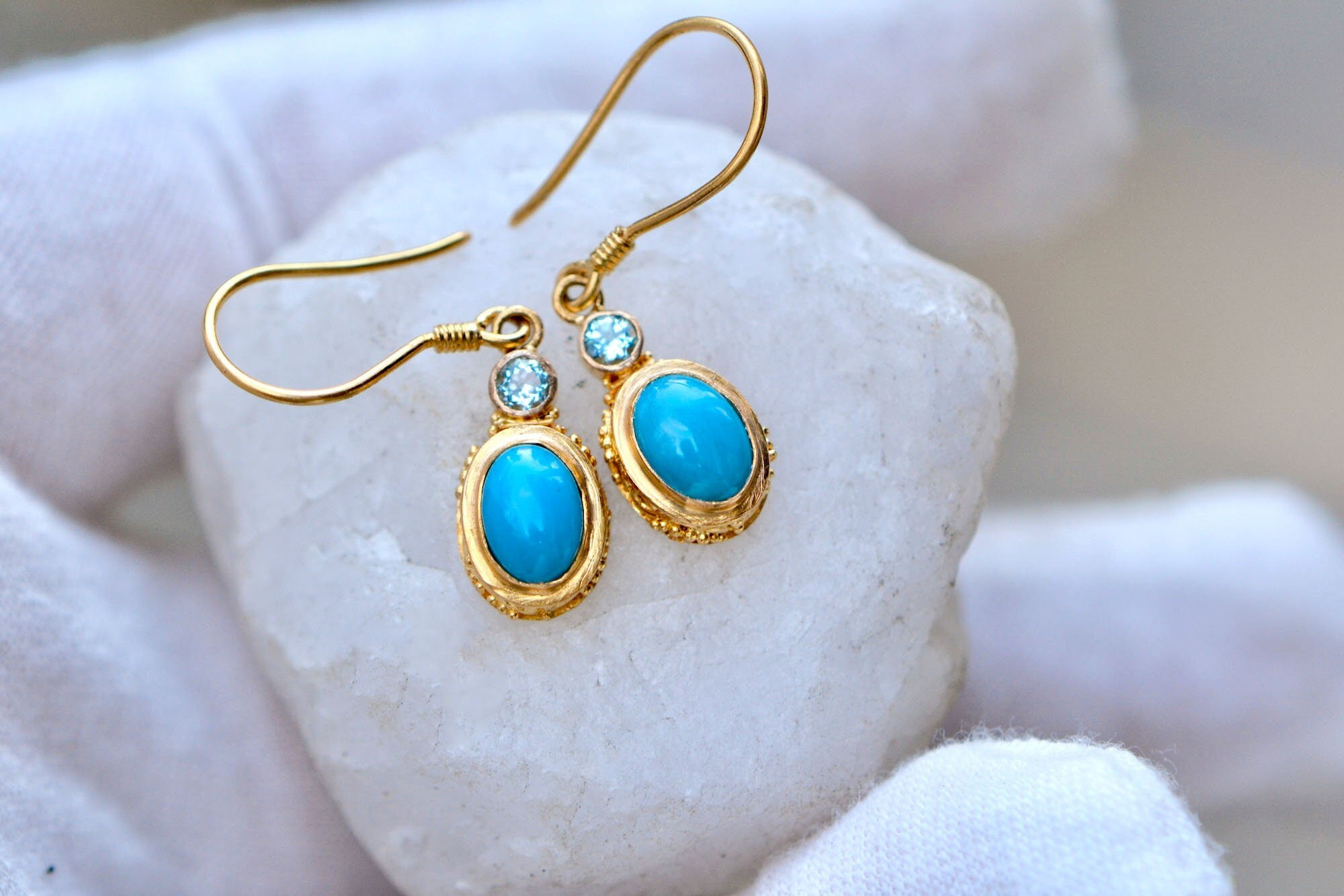Turquoise and Aquamarine Dangly Earrings Solid 18k Gold : December Birthstone Jewelry