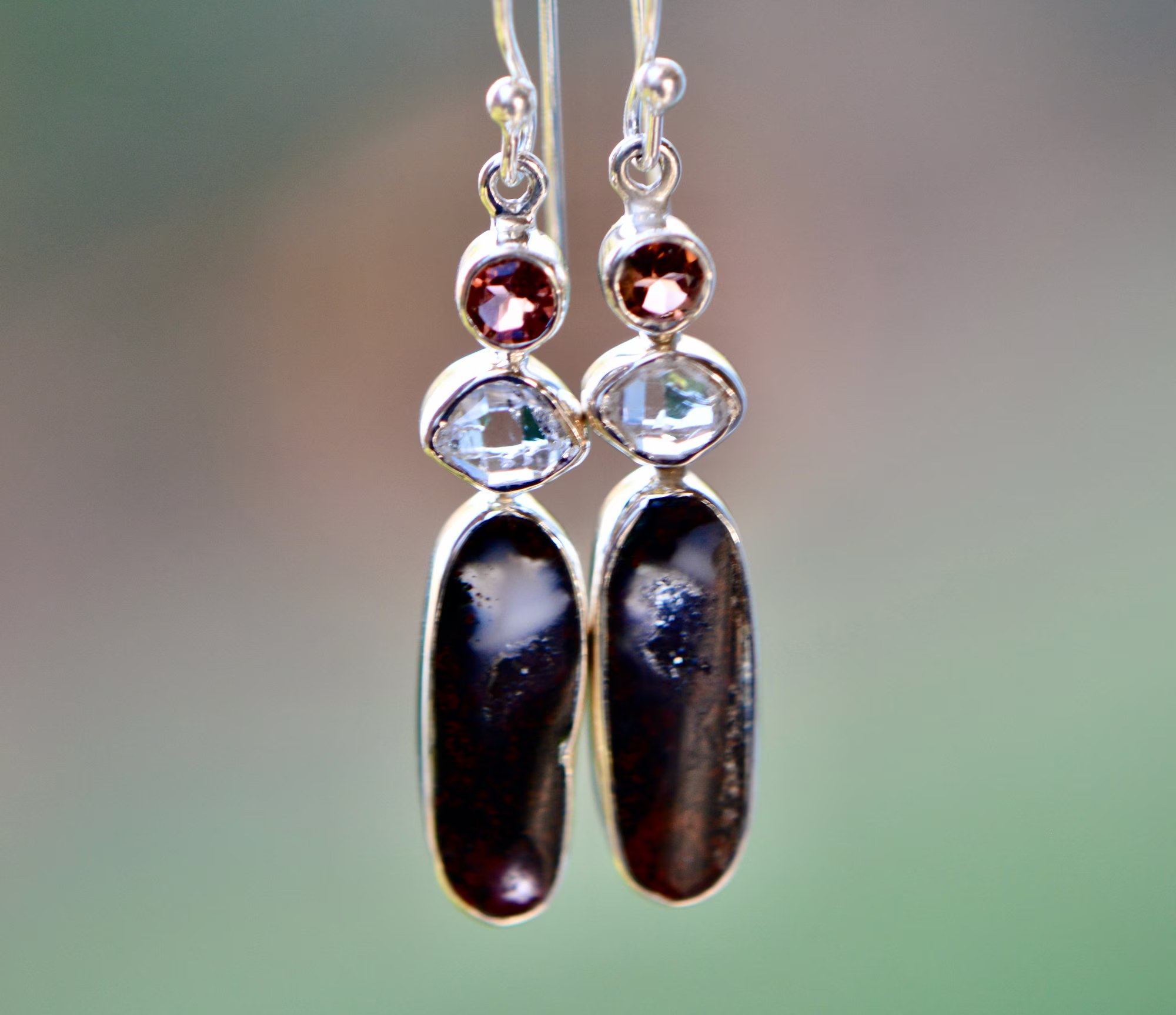 Druzy Geode, Tourmaline & Herkimer Diamond Dangly Earrings Sterling Silver : October April Birthstone