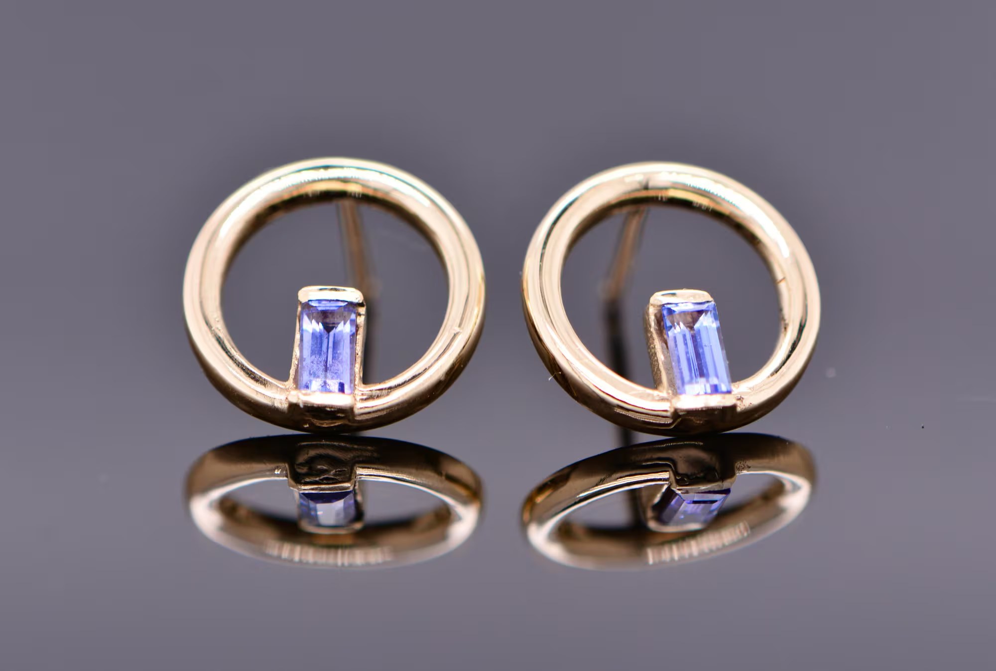 Circle Stud Earrings with Natural Tanzanite Baguettes Solid 14k Gold 12mm : Minimalist December Birthstone Jewelry