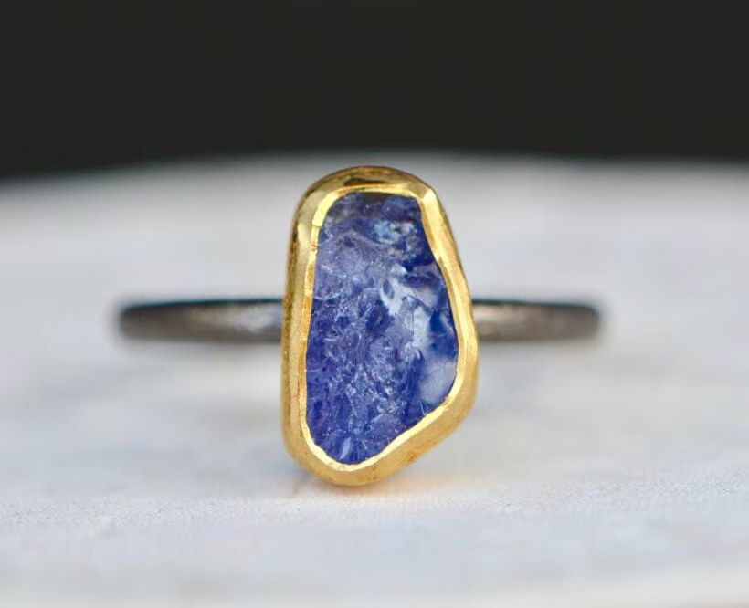 Rough Tanzanite Stackable Ring in Oxidized Sterling Silver with Gold Bezel : December Birthstone