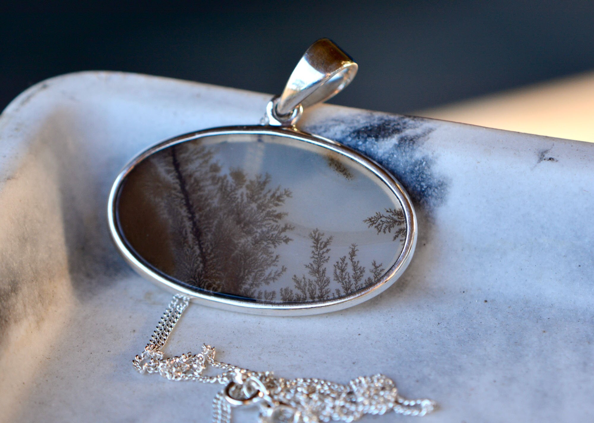 Dendritic Agate Large Oval Statement Sterling Silver Necklace : Plant Fossil Pendant