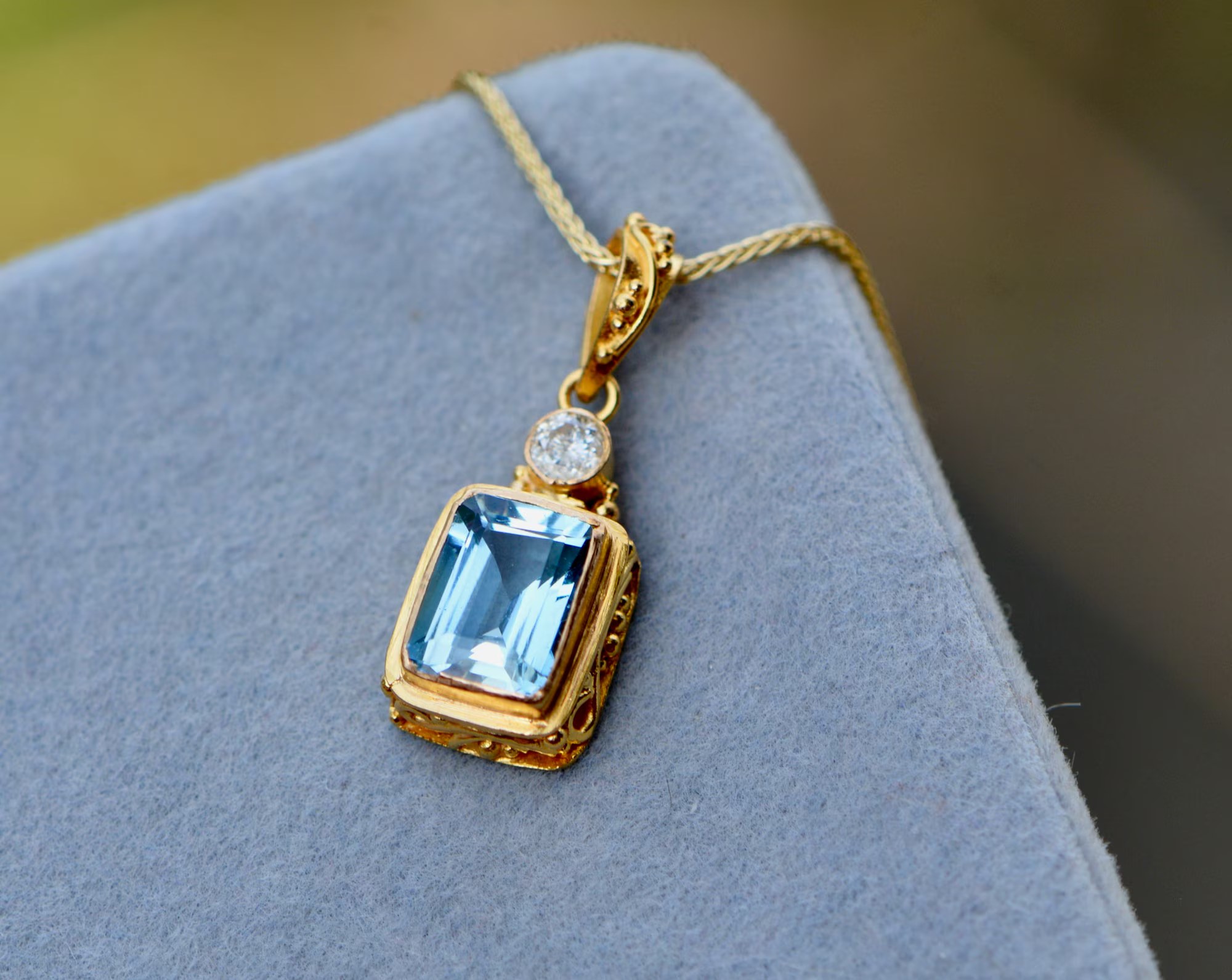 Natural Aquamarine & Diamond Pendant Necklace Solid 18k Gold : March Birthstone Pendant Jewelry