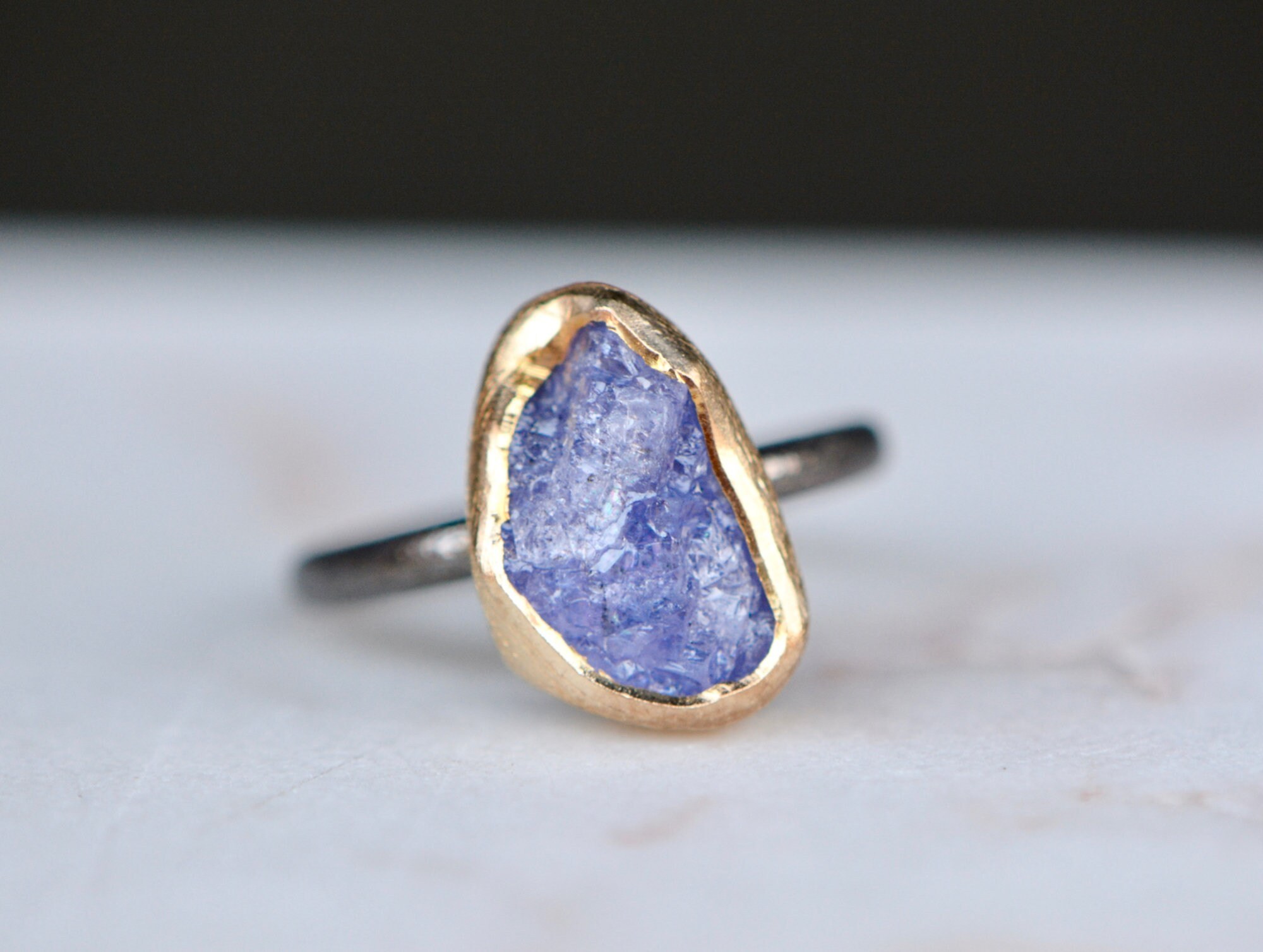 Tanzanite Stackable Statement Ring in Oxidized Sterling Silver with Gold Bezel : December Birthstone