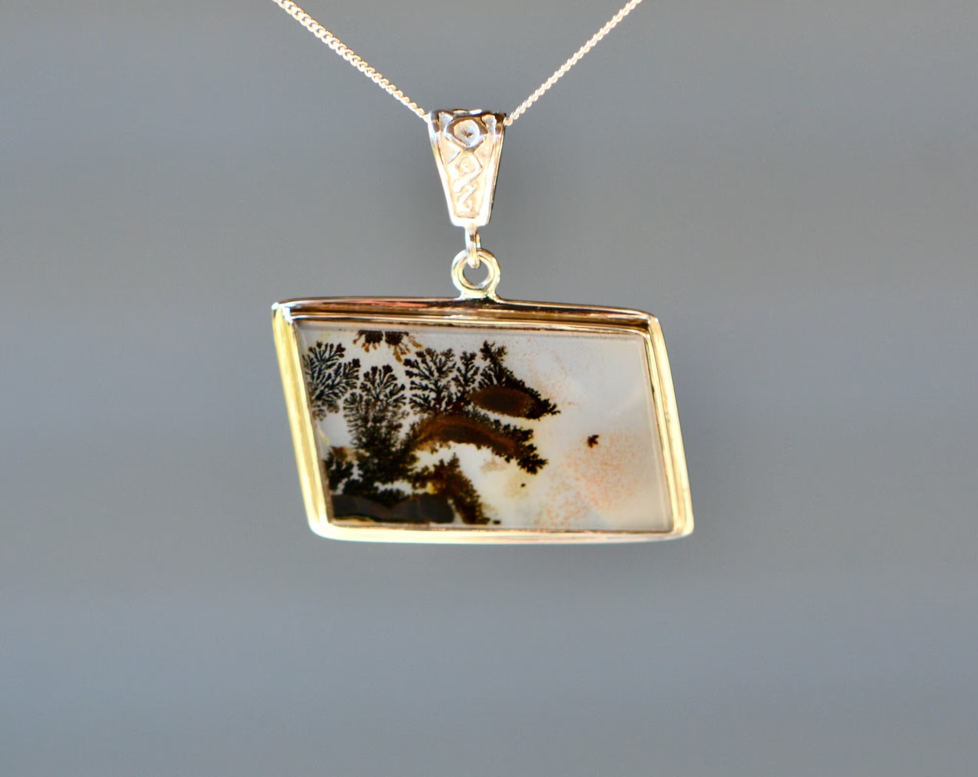 Dendritic Agate Sterling Silver Statement Necklace : Plant Fossil Natural Stone Pendant