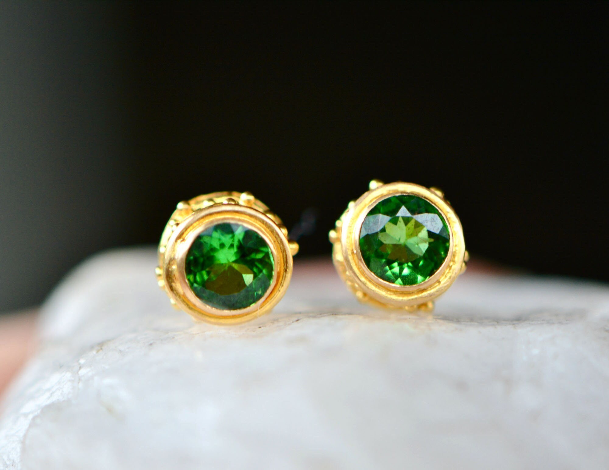 Tsavorite Garnet Round Fancy Bezel Stud Earrings Solid 18kt Gold, January Birthstone